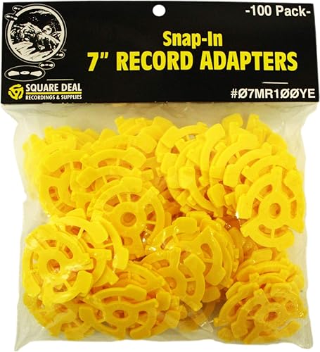 (100) Flat Plastic Record Adapters - Snap in Inserts to Make 7" 45rpm Records Fit on Standard Vinyl Record Turntables #07MR100YE (Yellow)