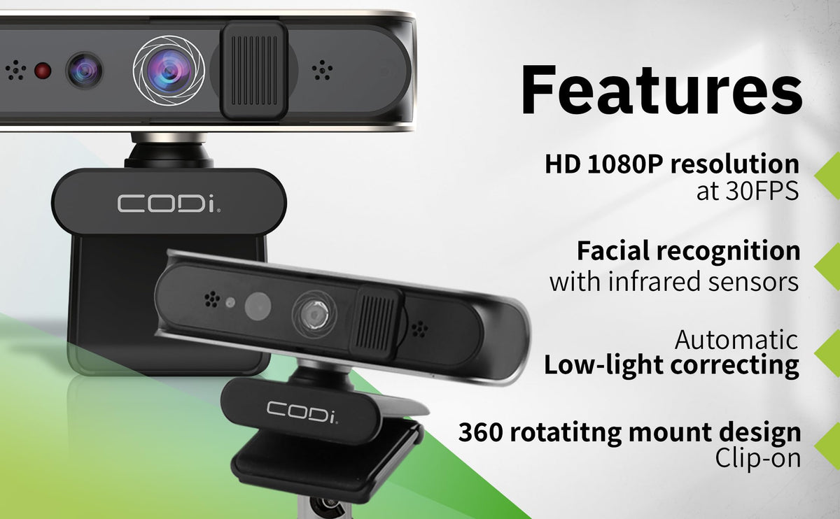 CODi Allocco HD 1080P IR Webcam with Windows Hello Facial Recognition, 30FPS USB-A Camera with Built-in Microphone, Auto Low-Light Correction
