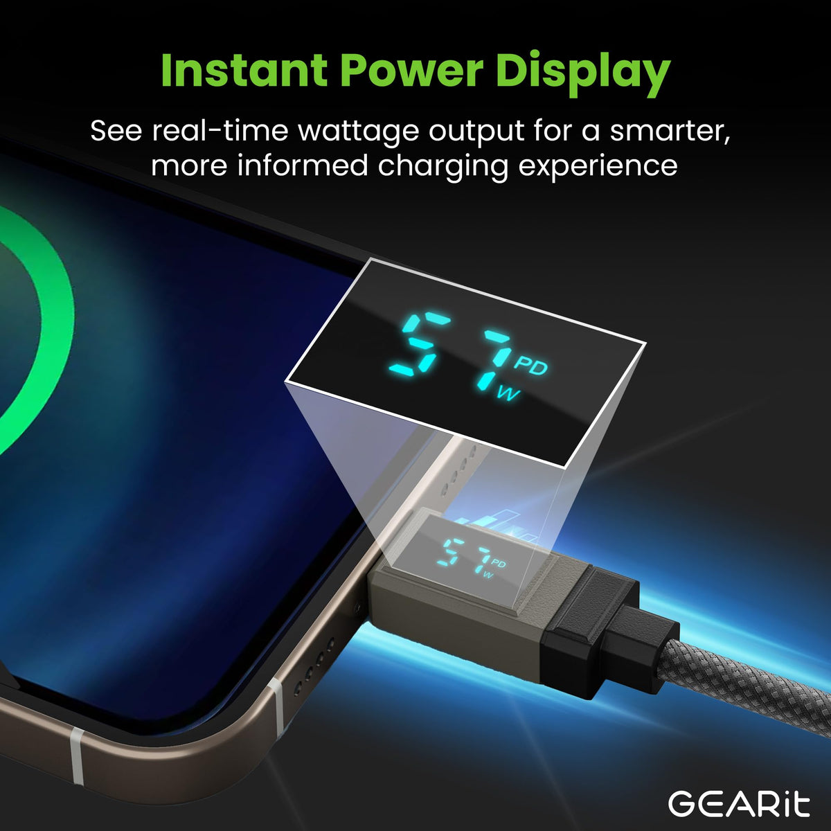 GEARit 100W USB C to USB C Cable, Fast Charging Cord with Digital Display, Braided Charger for iPhone 16/15, MacBook, iPad Pro, Samsung, 3.3ft Grey