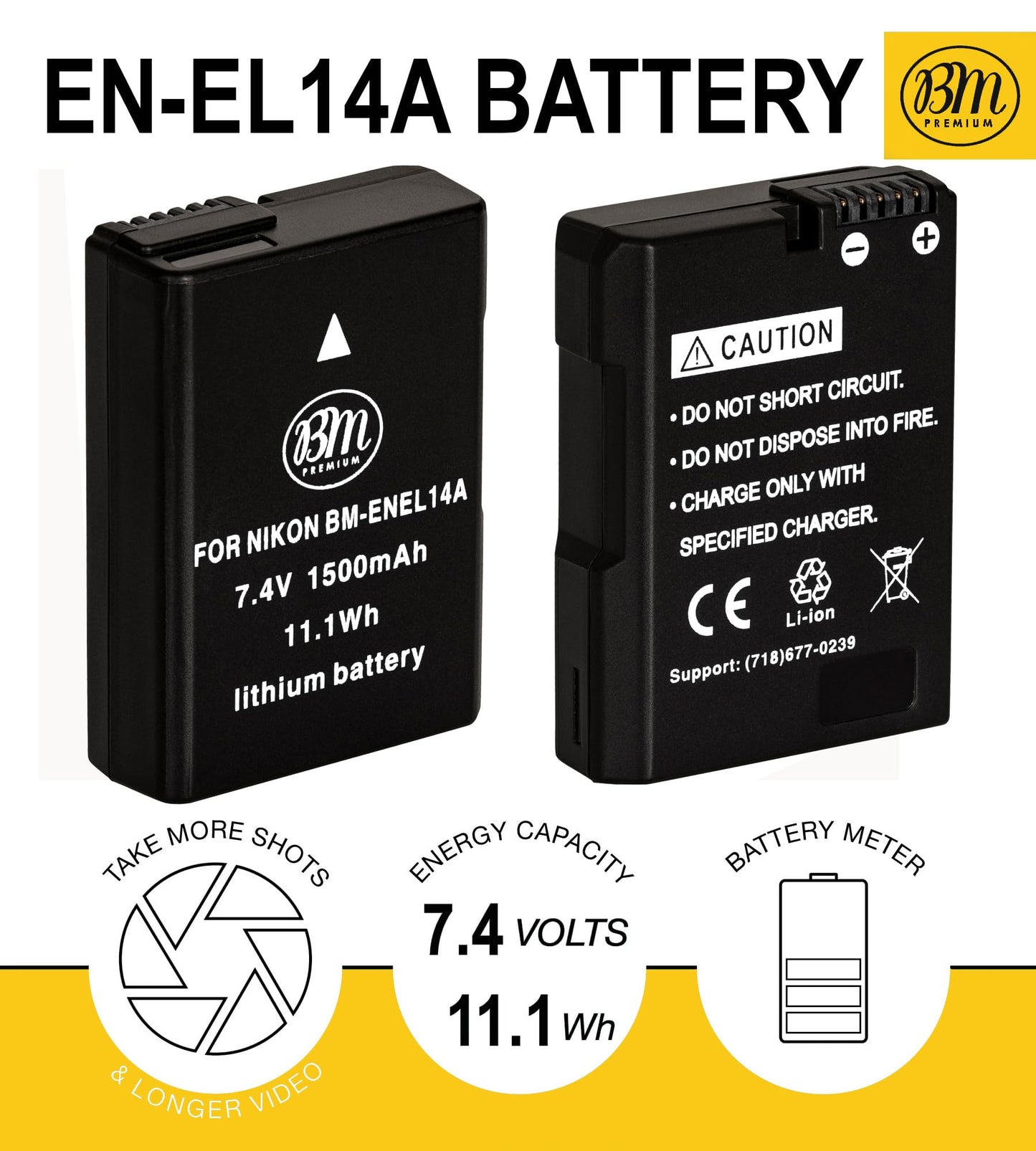 BM Premium Pack of 2 EN-EL14A Batteries and Charger for Nikon D3100, D3200, D3300, D3400, D3500, D5100, D5200, D5300, D5500, D5600, DF, Coolpix P7000