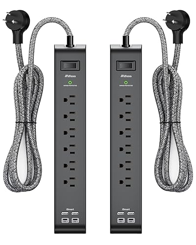 2 Pack Surge Protector Power Strip with 6 Outlets 4 USB Ports 5-Foot Long Heavy-Duty Braided Extension Cords Flat Plug 900 Joules 15A Circuit Breaker