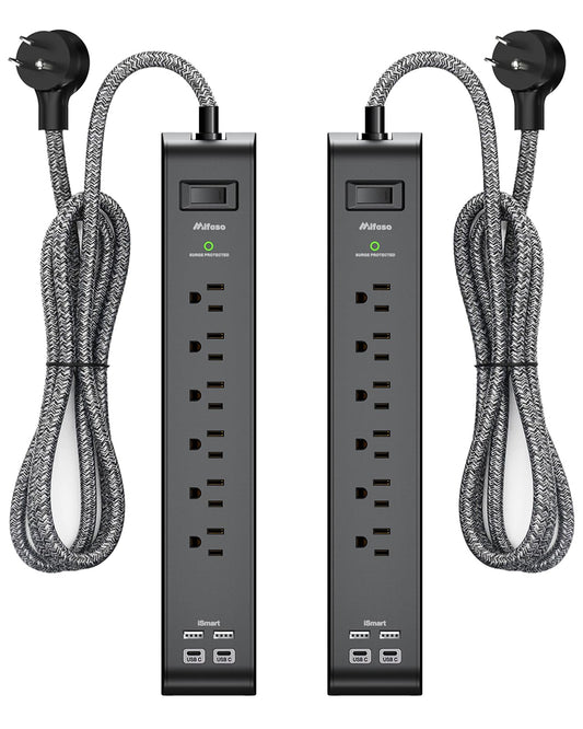 2 Pack Surge Protector Power Strip with 6 Outlets 4 USB Ports 5-Foot Long Heavy-Duty Braided Extension Cords Flat Plug 900 Joules 15A Circuit Breaker