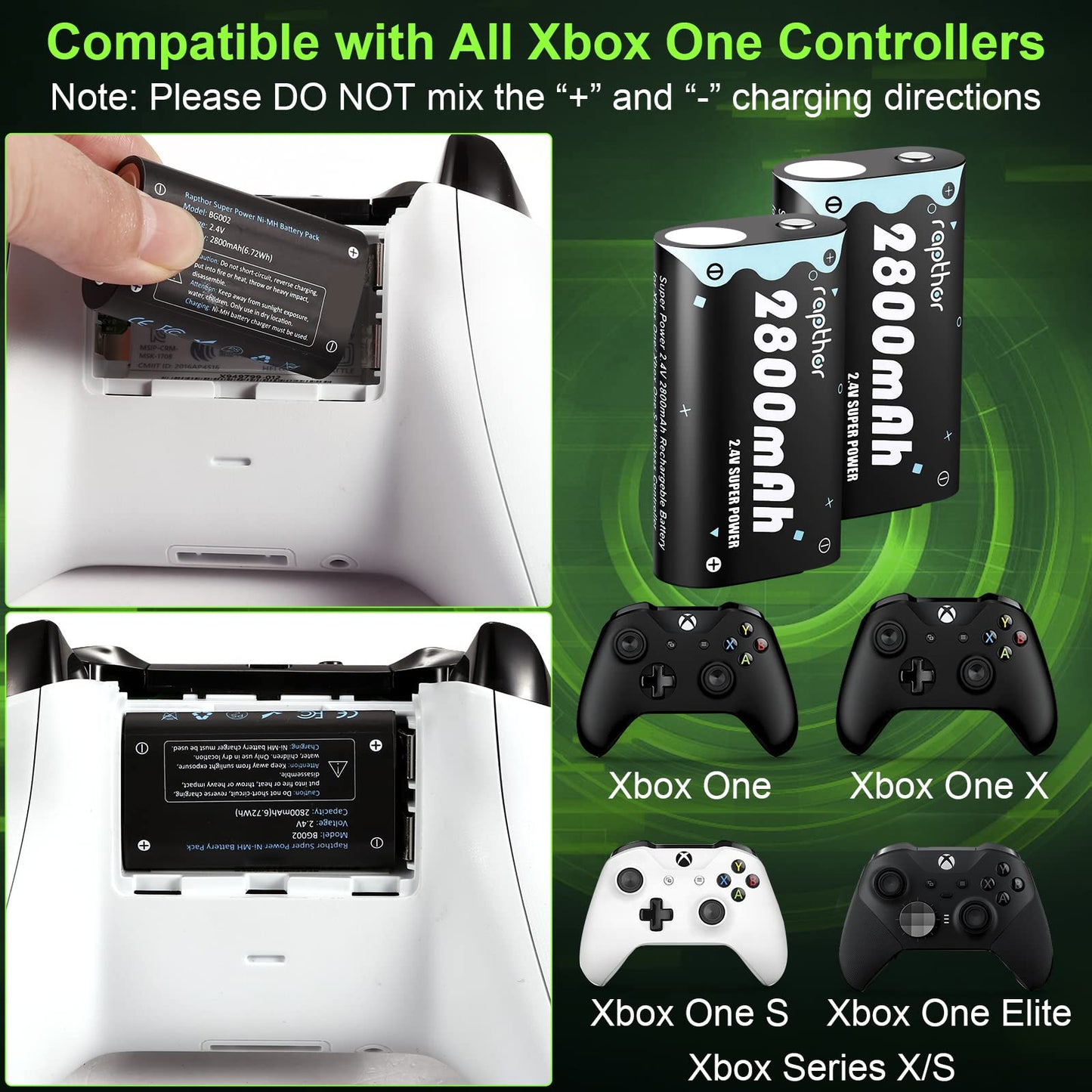 Rapthor 2X 2800mAh Replacement Controller Battery Pack Rechargeable with Charger for Xbox One/Xbox One X/Xbox One S/Xbox One Elite/Xbox Series X/S