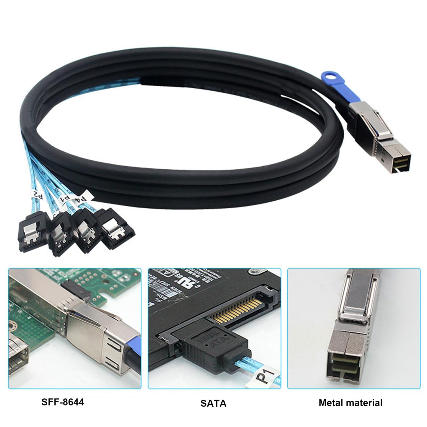 Heretom SFF-8644 to 4 Sata 7 Pin Cable, External Mini SAS HD SFF-8644 to 4 Port SATA Cable, Hard Disk Data Server Raid Cable 1 Meter 3.2 FT