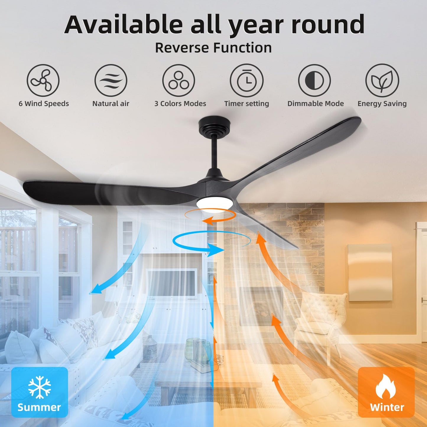 Homlit Ceiling Fan with Lights, 72'' Solid Wood Indoor/Outdoor Ceiling Fan with Quiet Reversible DC Motor, Compatible with Alexa/Google/App, 3CCT