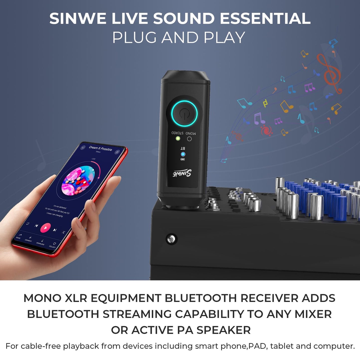SINWE XLR Bluetooth Receiver, BT5.3 24bit/48kHz Hi-Fi Audio, Wireless Adapter for Mixer PA Speaker DJ System, 160ft Range 15H Battery, 1 Pack for Mono