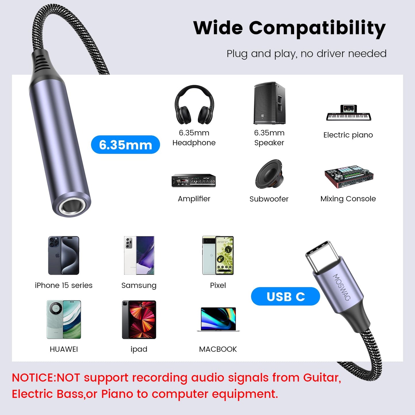 MOSWAG USB Type C to 1/4 Headphone Adapter, USB C to 6.35mm TRS Audio Cable Stereo Jack Audio AUX Adapter Compatible with Amplifiers, Mixer, Home