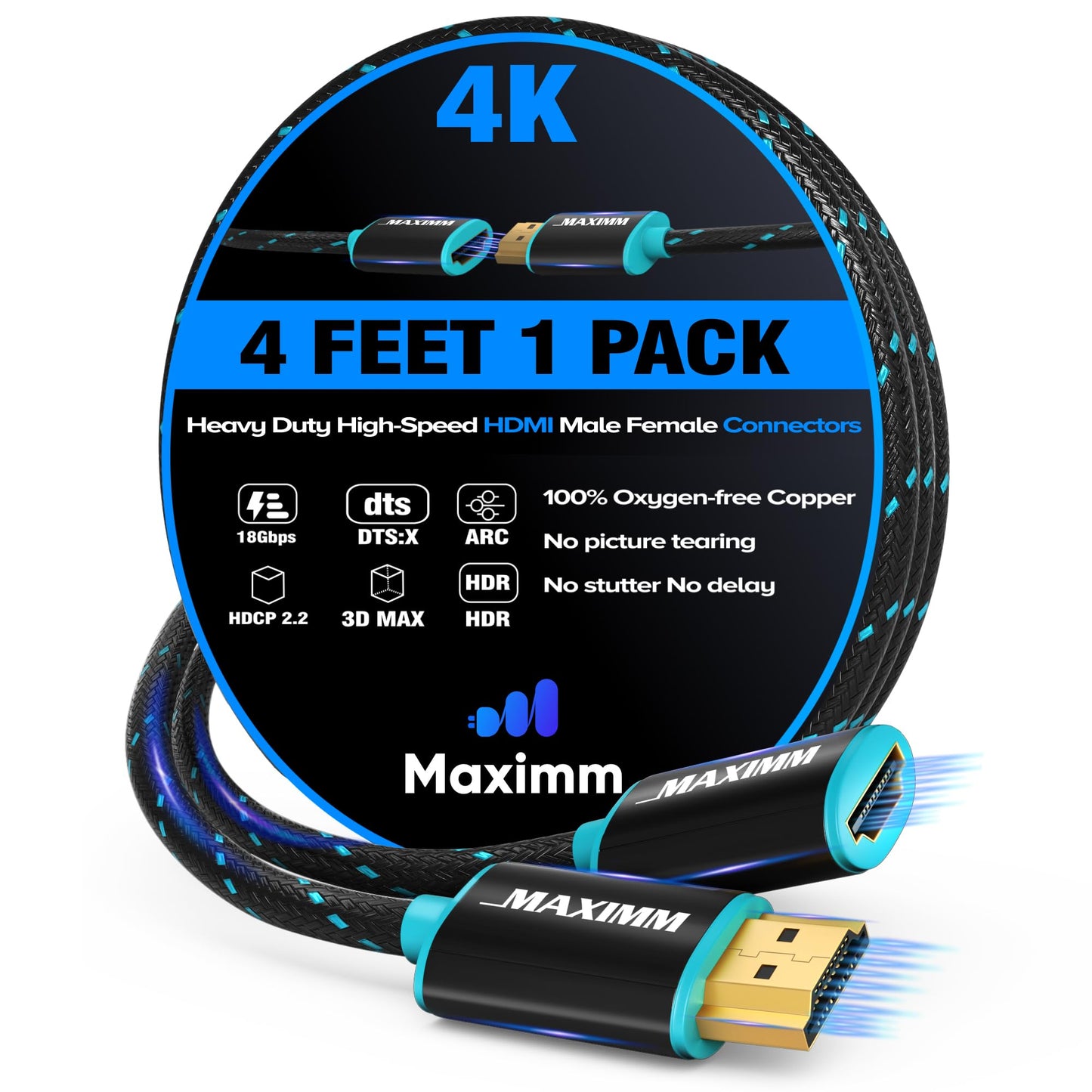 Maximm 4k Hdmi Cable 4ft, Hdmi Extender Cable Male to Female Hdmi Cord, Hdmi 2.0 Cable 120Hz Short Hdmi Cable (4ft)