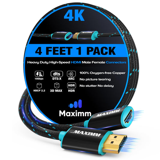 Maximm 4k Hdmi Cable 4ft, Hdmi Extender Cable Male to Female Hdmi Cord, Hdmi 2.0 Cable 120Hz Short Hdmi Cable (4ft)