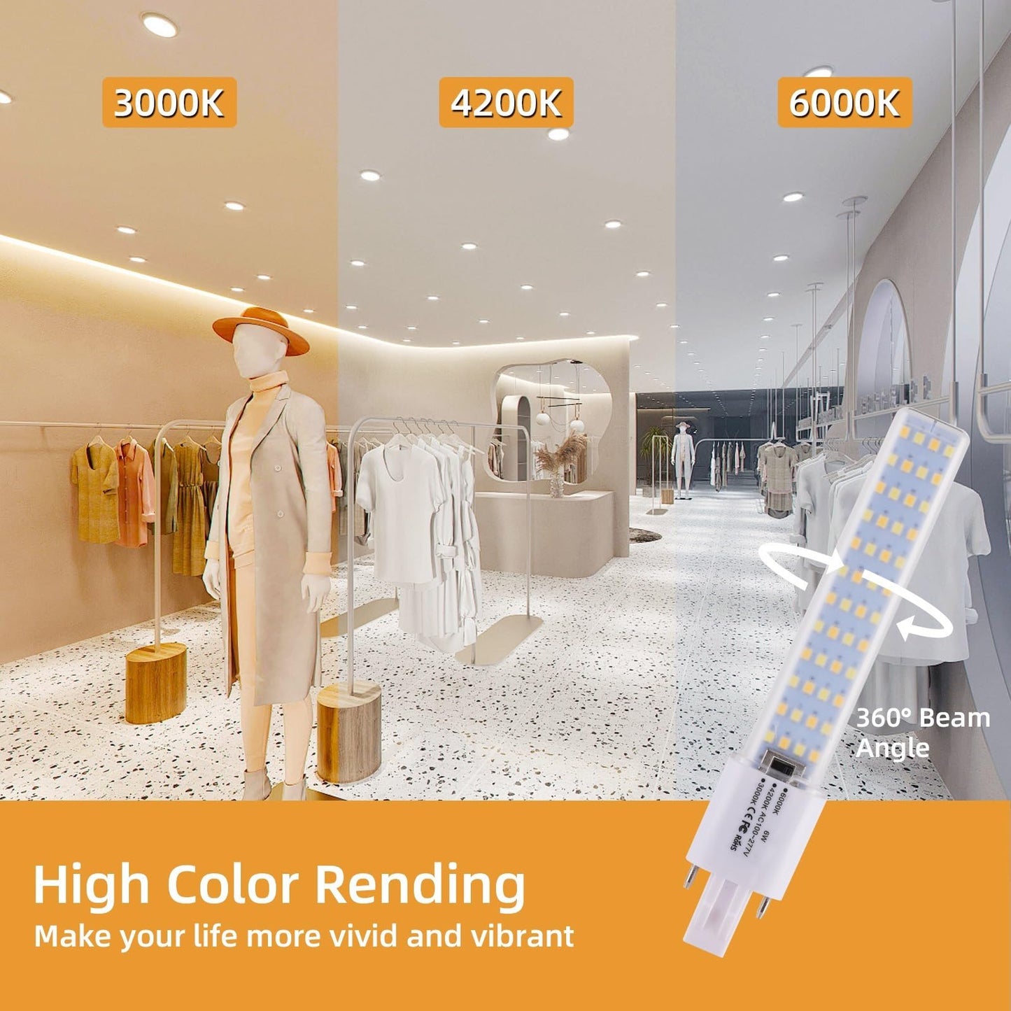 Lidesheng GX23 LED Light Bulb 6W Replacement 13W CFL LED Stick PL Bulb GX23-2 Pin Base, 3 Color Selectable 3000K/4200K/6000K 360° Beam, Driven by