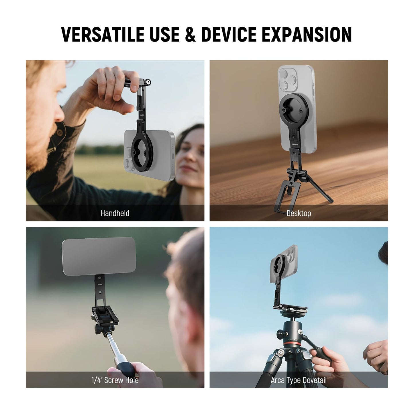 NEEWER Magnetic Phone Tripod Holder Stand, Metal Cell Phone Mount Grip with 1/4" Threads, Cold Shoe & Arca Type, Compatible with MagSafe iPhone
