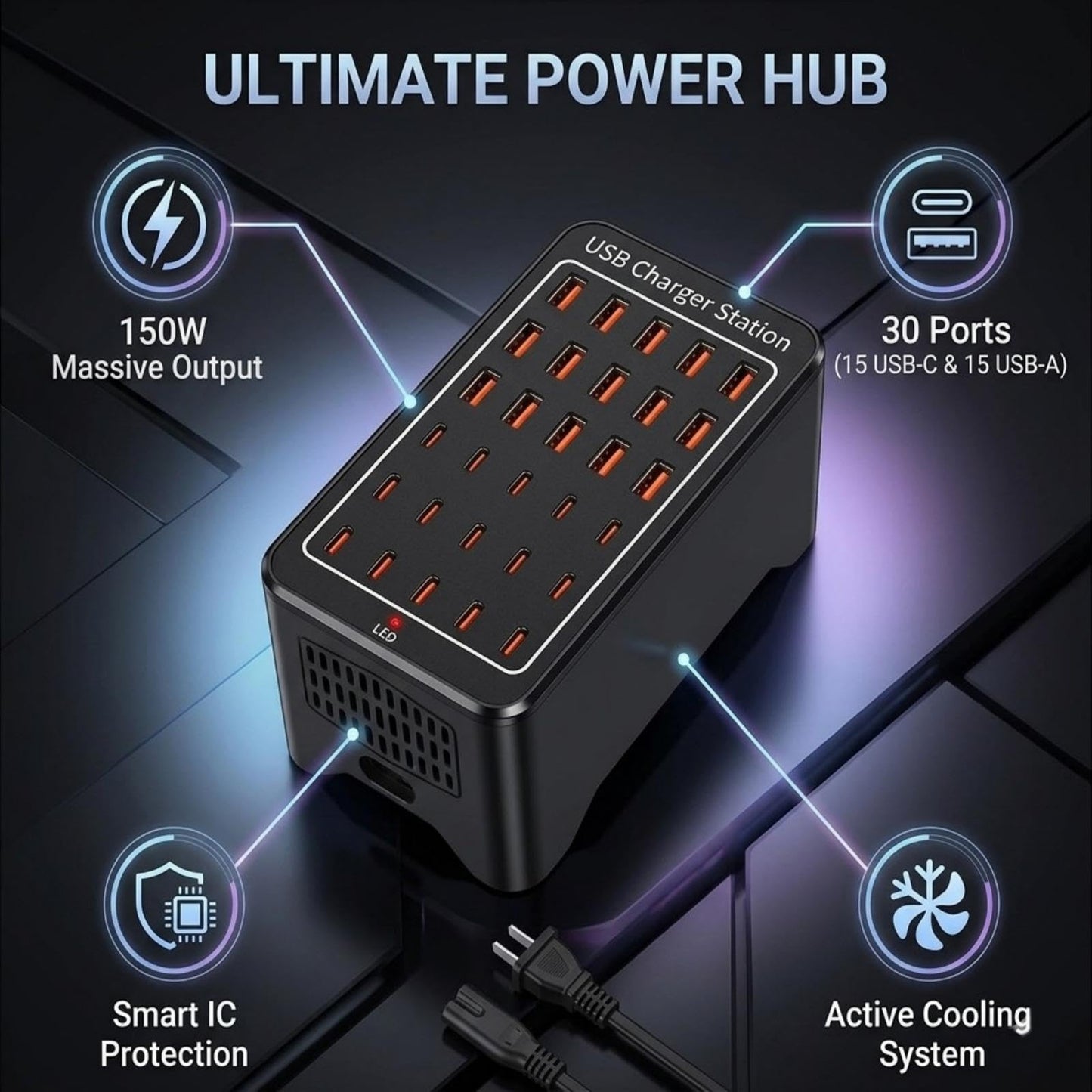 150W USB C Charging Station, 30 Port Fast Multi Device Charger (15 USB-C + 15 USB-A) Desktop Charger Hub, Compatible with iPhone Samsung iPad Google