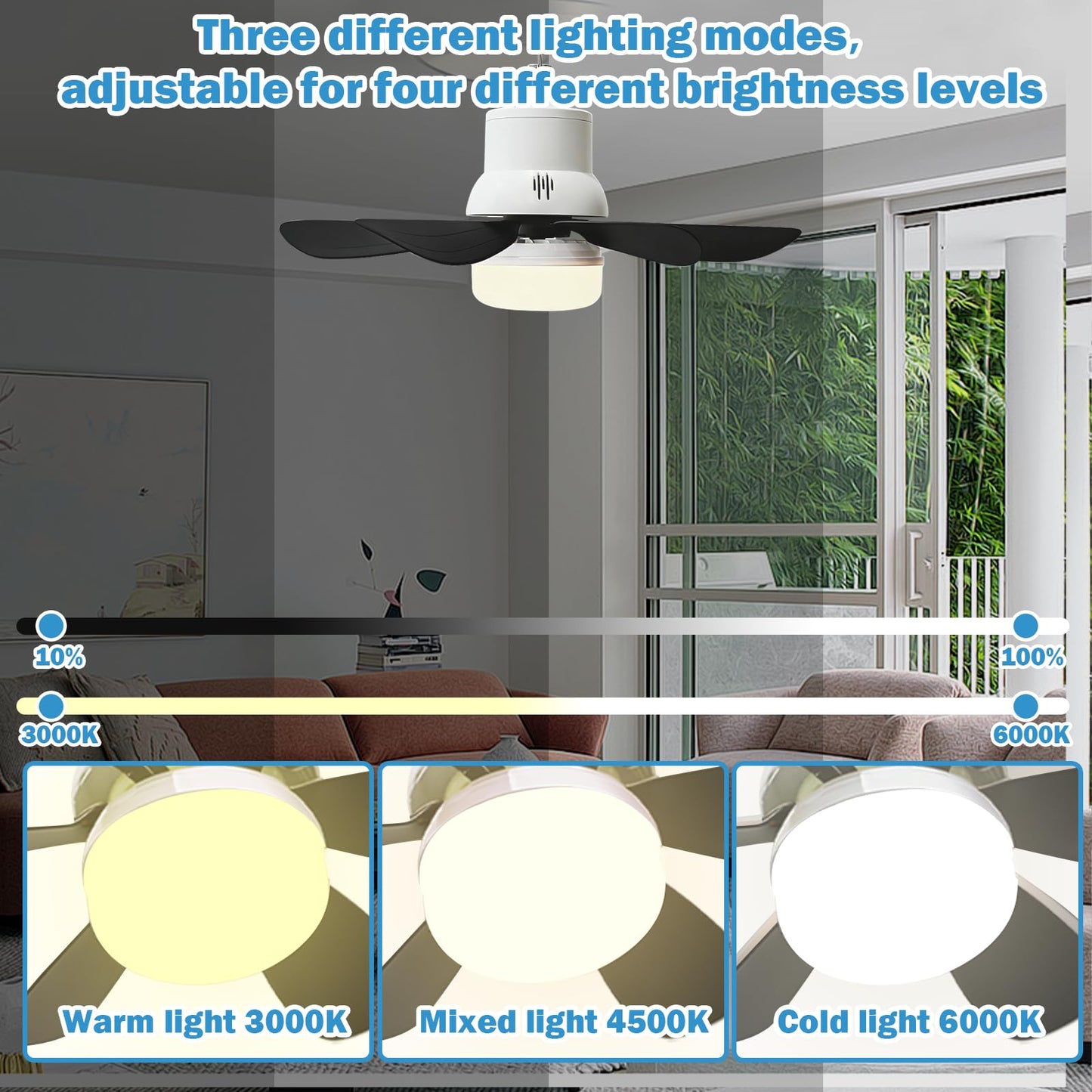 Solar Ceiling Fans with Lights Battery Built-in10000mAh Portable ,17" LED Fan Light Hanging with HookCan be timed for 2/4/8 hours, 3 Speeds