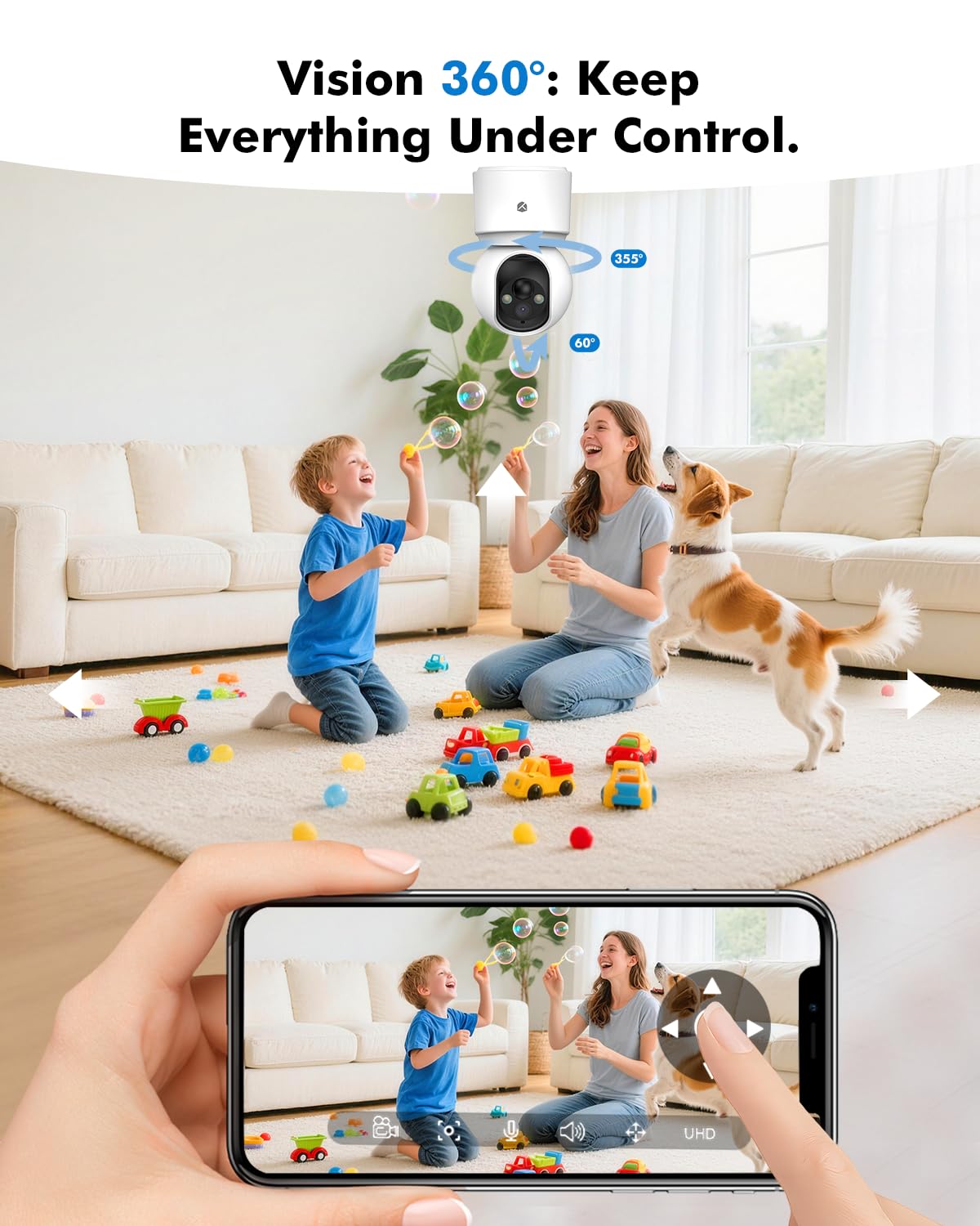 Battery Powered pet camera,true Wireless Indoor Camera, 4MP 2.5K WiFi Camera with Color Night Vision, 355° Pan Tilt, Motion Detection, 2-Way Audio