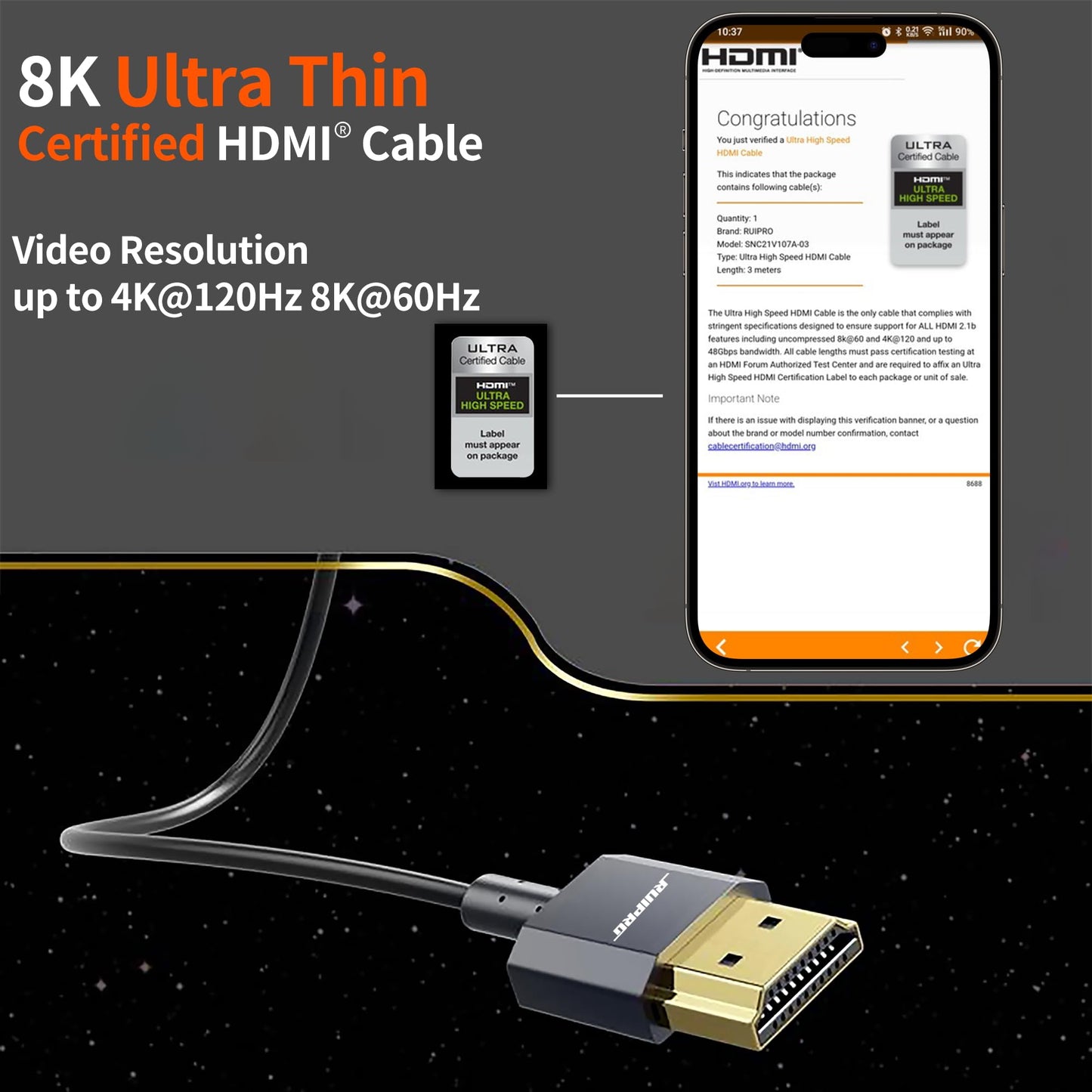 RUIPRO Ultra Thin 8K HDMI 2.1 Certified Cable 3FT, Ultra High Speed 48Gbps, Short HDMI Cable, Support 8K@60Hz 4K@120Hz, Dynamic HDR, eARC, Compatible