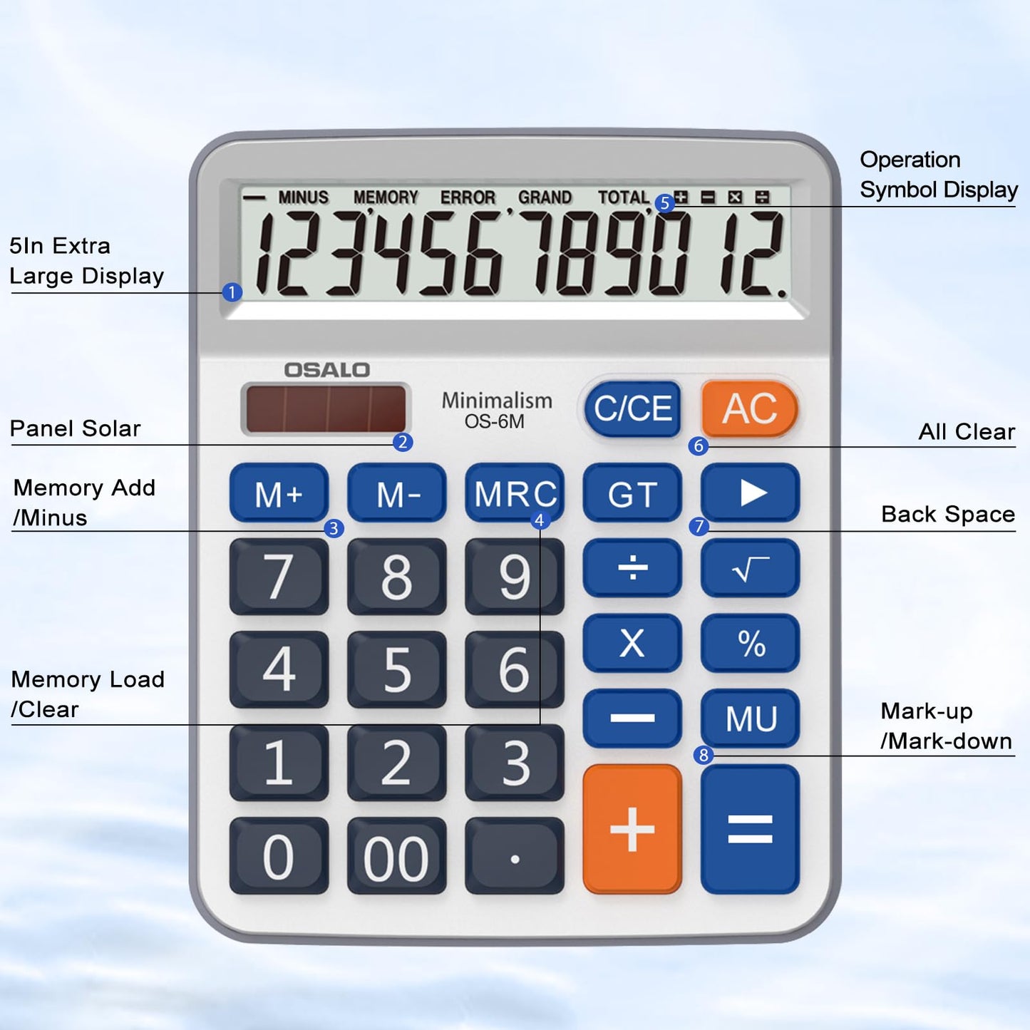 Desktop Calculator Large LCD Display 12 Digit Number Handheld Portable Pocket Basic Calculator with Big Soft Sensitive Button, Battery and Solar