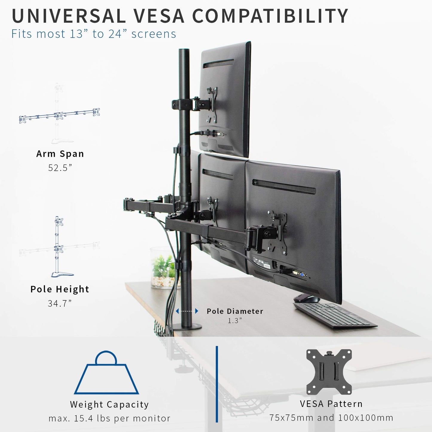 VIVO Quad Monitor 13 to 24 inch LED LCD Clamp-on Desk Mount, 3 Plus 1 Articulating Display Computer Stand, Holds 4 Screens, Max VESA 100x100mm