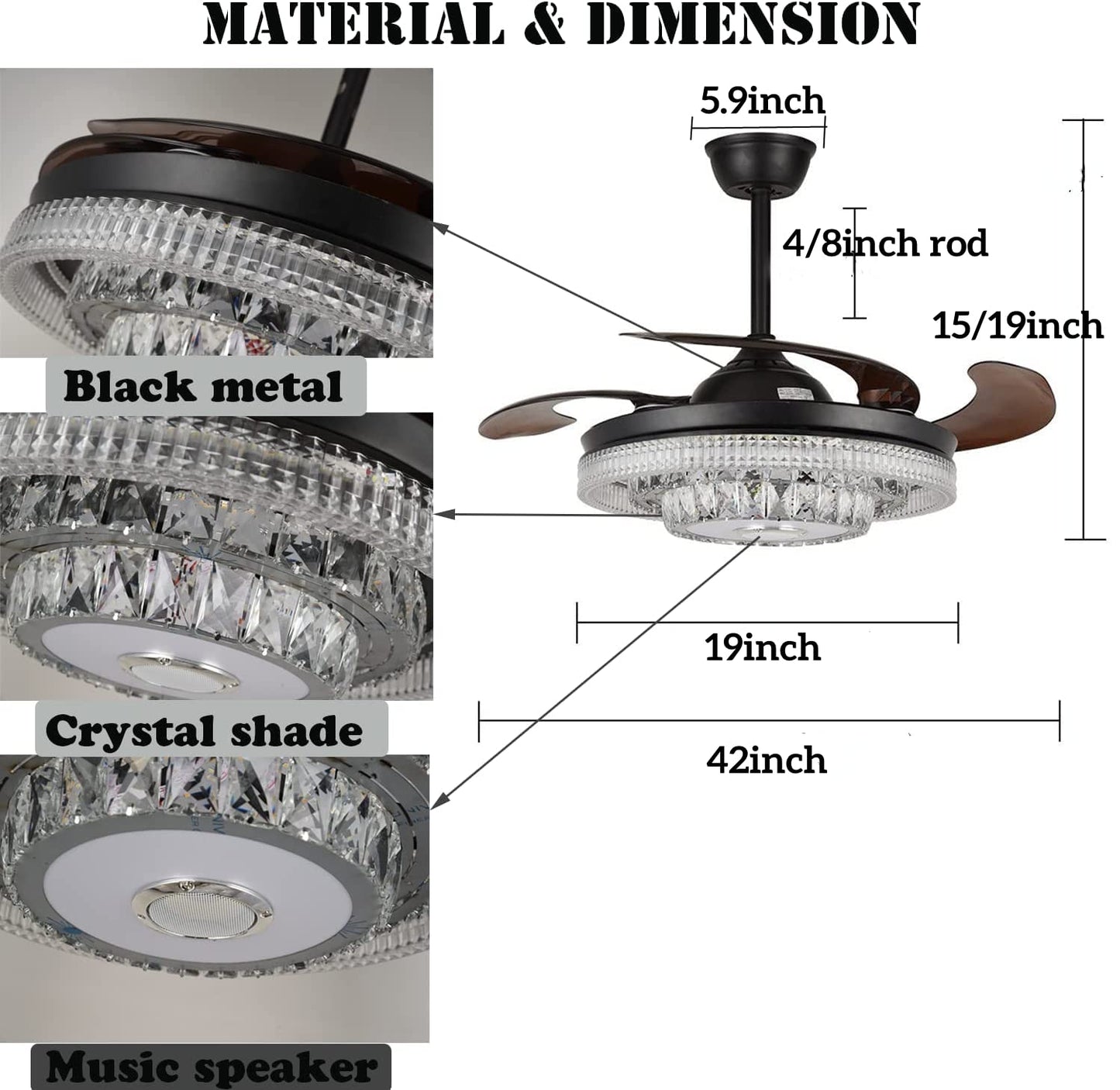 efperfect 42" Reversible Fandelier Ceiling Fan with Lights Bluetooth Speaker, Smart 7 Color Dimmable Crystal Chandelier with Remote Control, 6-Speeds