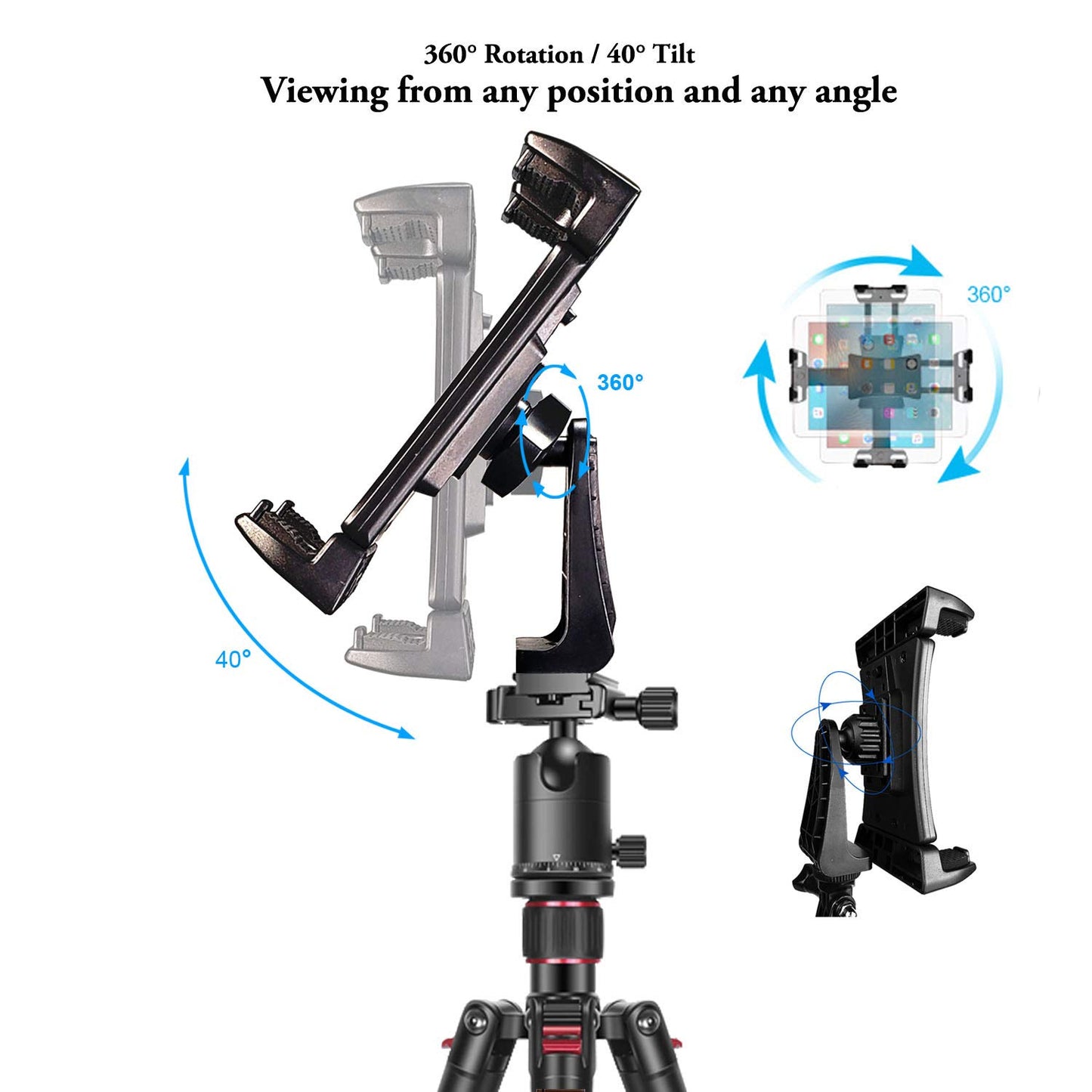 IPad Tripod Mount Adapter 360 Degree Rotatable Universal Tablet Clamp Holder for iPad Pro 12.9 11 10.5, iPad Air Mini, Surface Tab, Galaxy Tab and 3.5