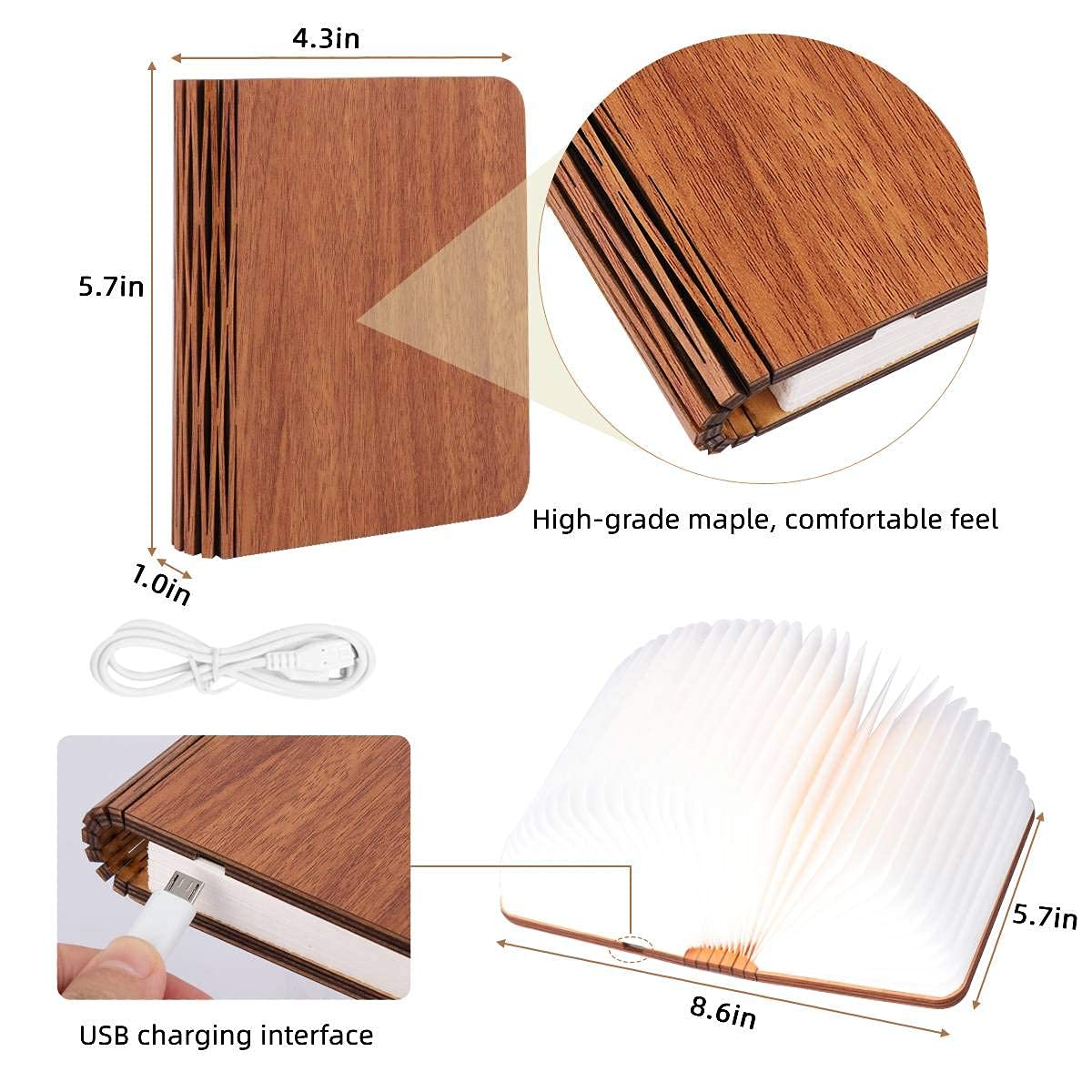 XIUDI 8 Colors Small Folding Book Lamp,Wooden Book Lights,Upgraded Version Portable Desk Light,Novelty LED Paper Lantern with USB Rechargeable Night