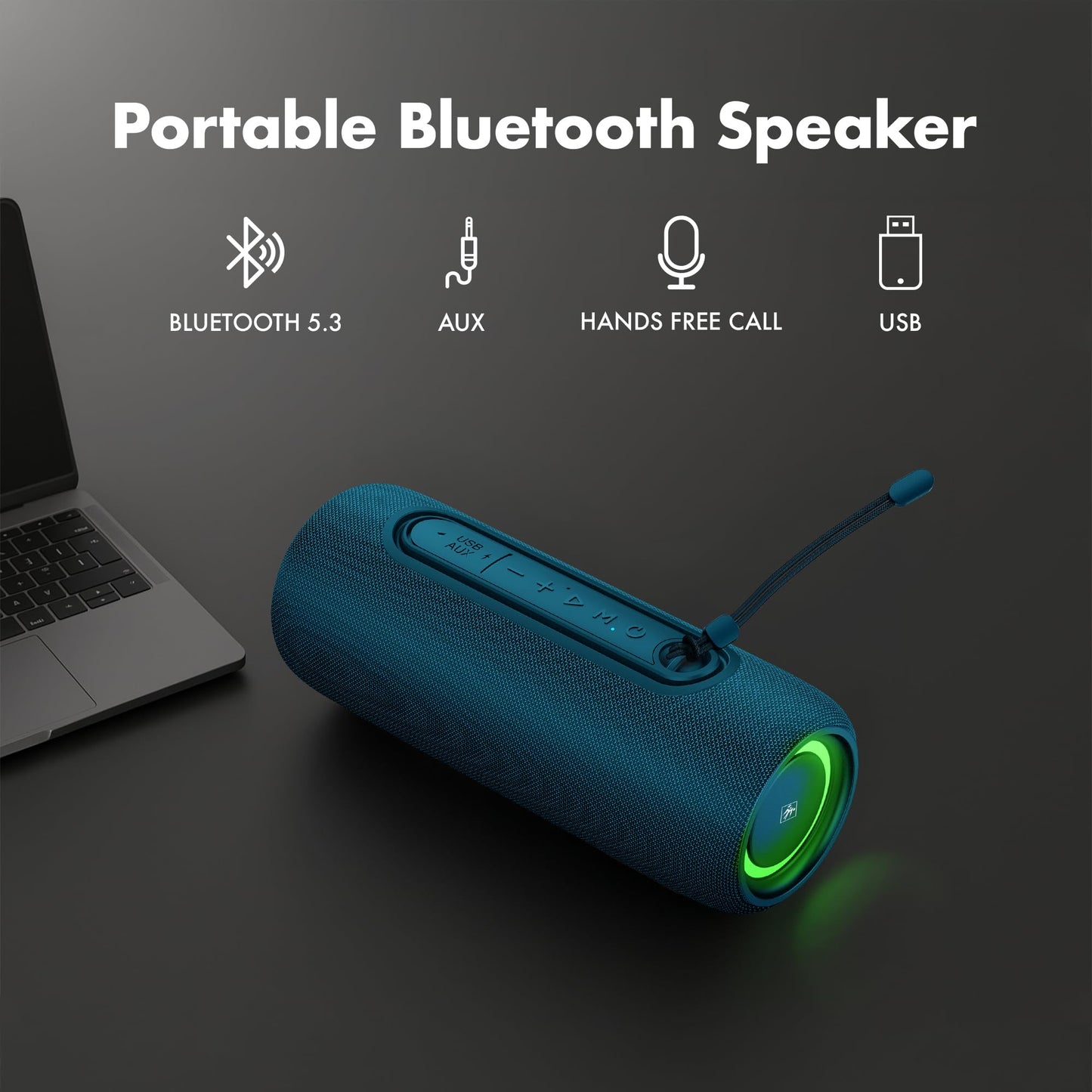 Fisher Portable Bluetooth Speakers IPX5 Waterproof Speaker, 14W PEAK Power Stereo Bluetooth Speaker, RGB Lights, TWS, BT 5.3, Built-in Mic, Hands Free