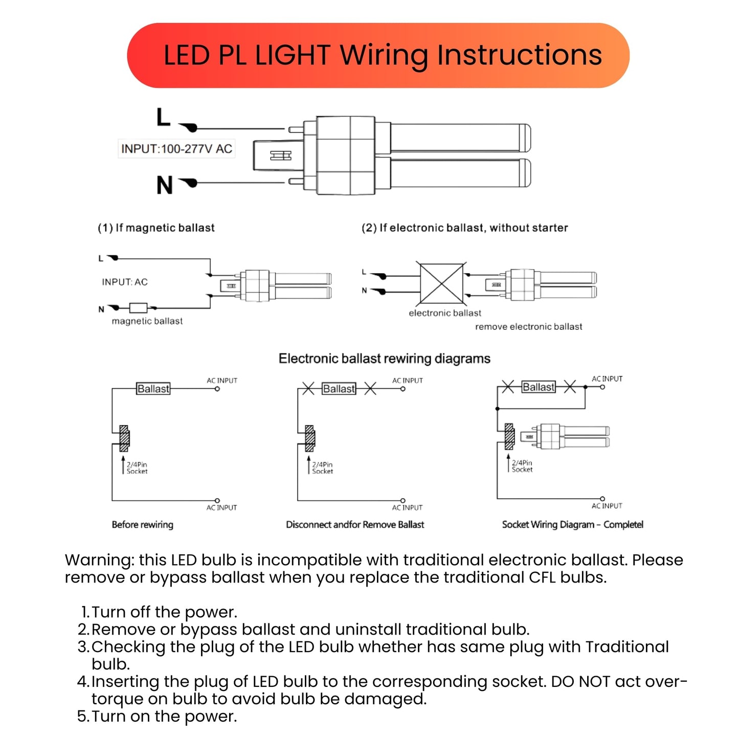 LED PL Lamp, 12W G24Q | 3CCT Selectable 3000K/4000K/5000K | Replaces 26W CFL | Energy-Efficient 120lm/W | Frosted Cover | Long-Lasting 30,000 Hours |