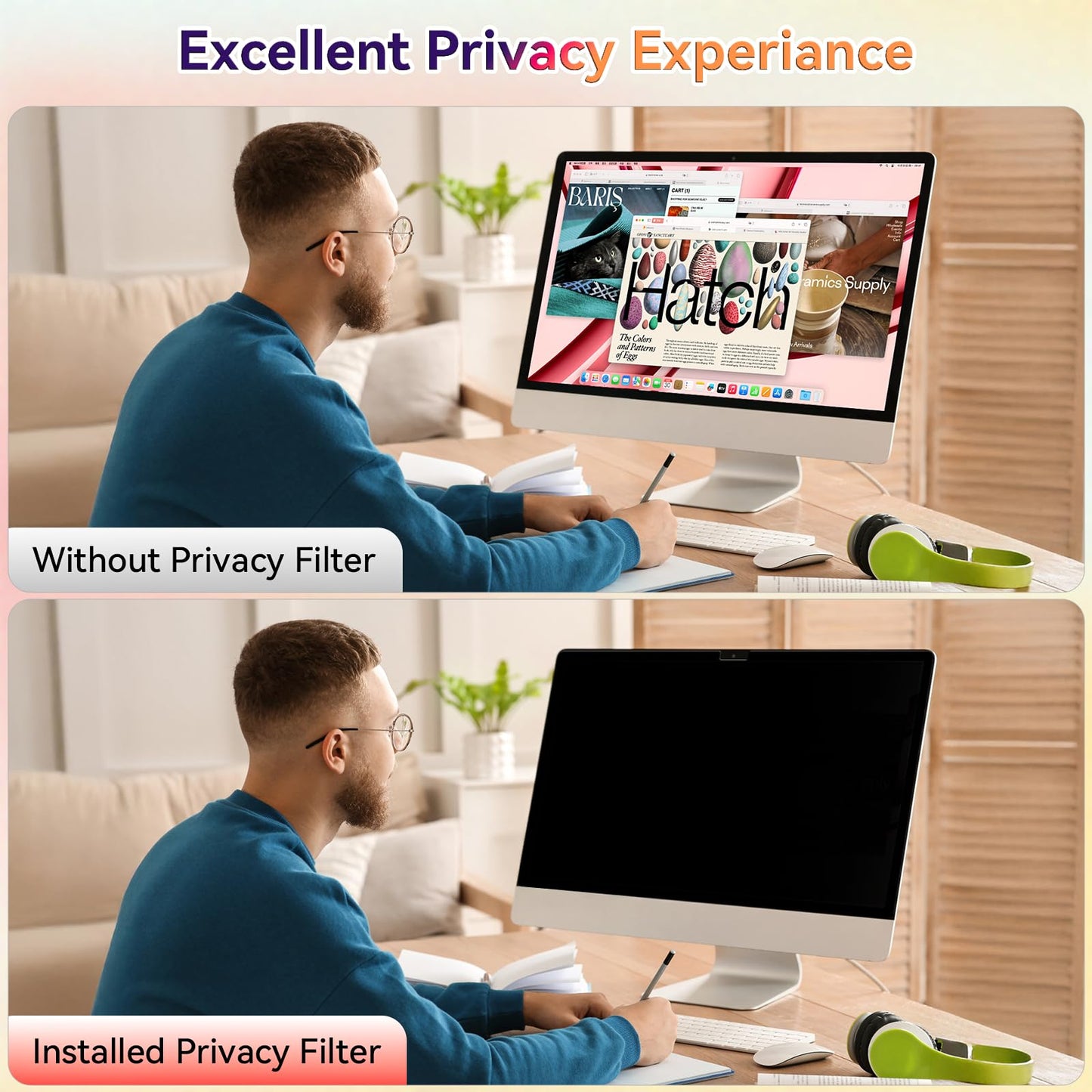 Yklssm 2026 Upgraded iMac Privacy Screen for 24 Inch 2021-2026 Destop Computer Monitor, Anti Glare Blue Light Filter Shield, Anti Spy Privacy