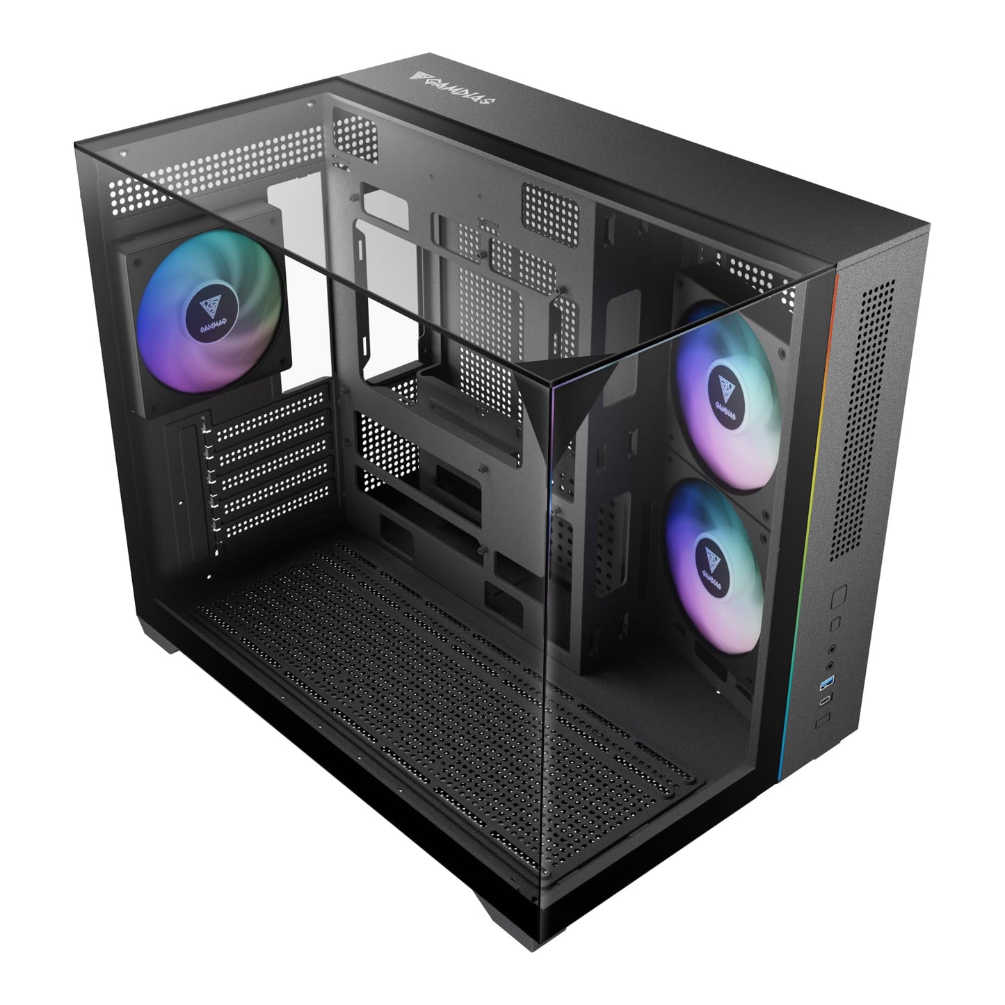 GAMDIAS Gaming Case Atlas M3M Three-Sided Tempered Glass, Built-in 3X 120mm ARGB PWM Case Fans, 400mm GPU/VGA, 360mm AIO/Radiator