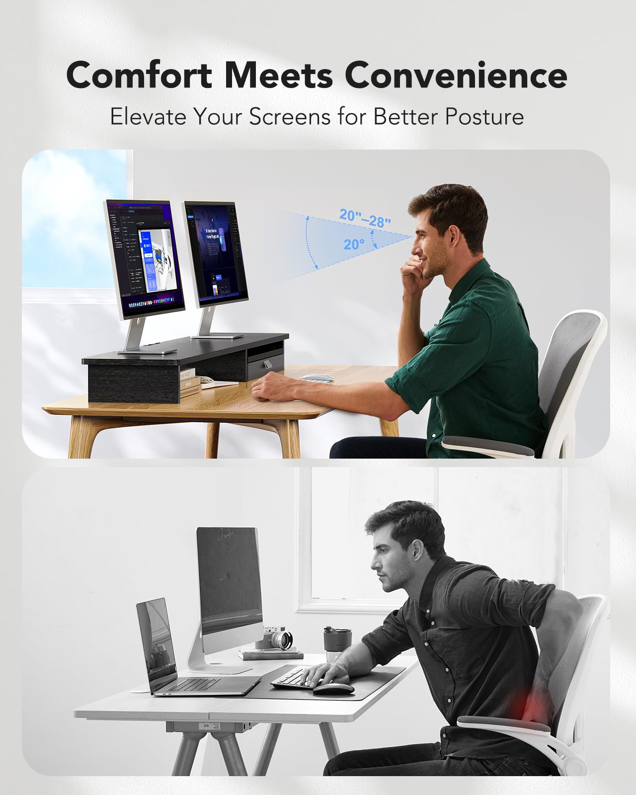 HUANUO Large Dual Monitor Stand with Drawer, Wood Monitor Stand Riser for 2 Monitors with Storage & Cable Management, Desktop Organizer up to 55" fit