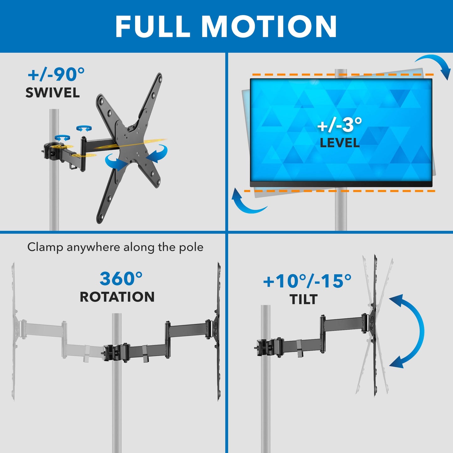 Mount-It! TV Pole Mount, Full Motion Universal TV Bracket, VESA 75x75 to 400x400, Fits TVs and Monitors 32" - 55", Clamp Fits Poles from 1.1"