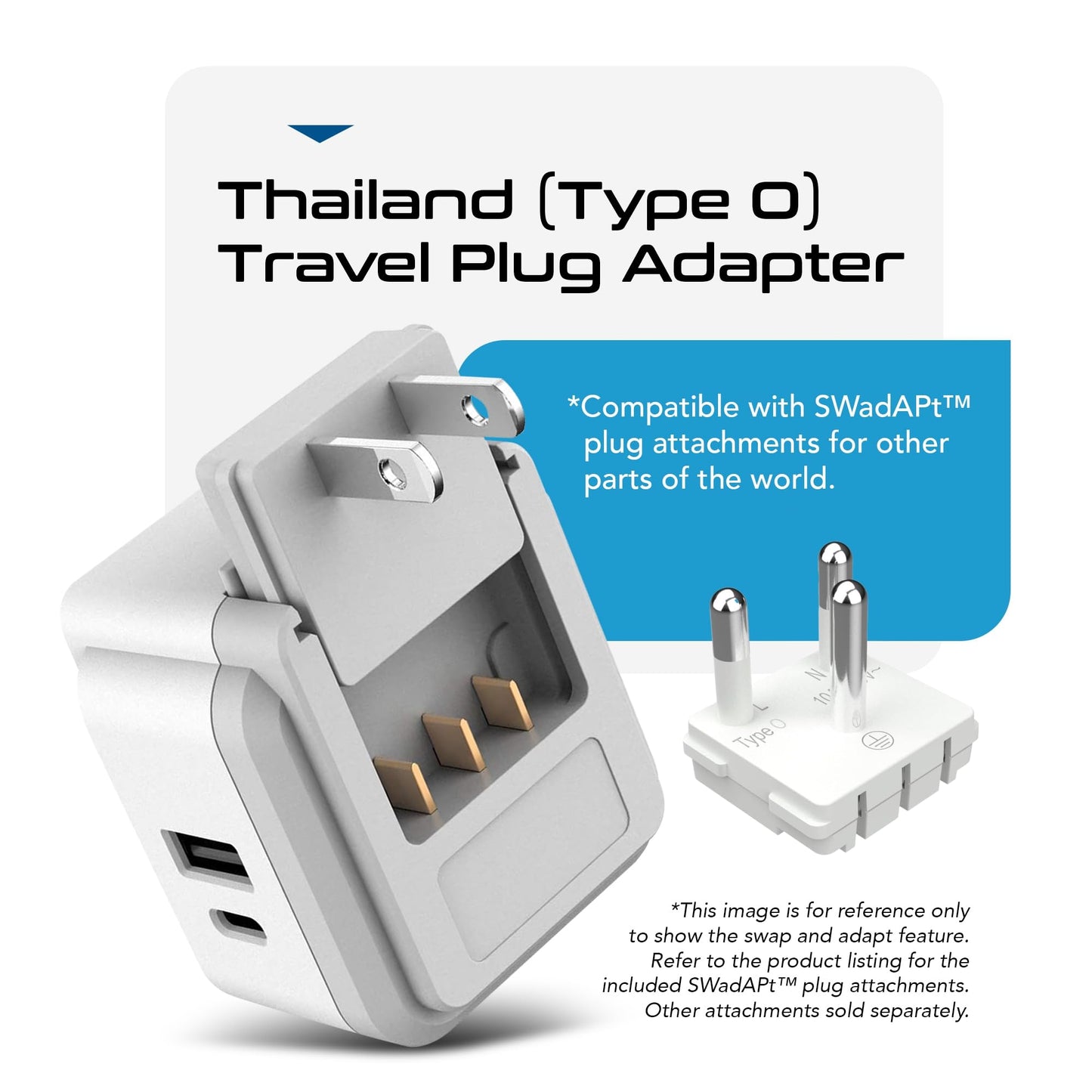 Ceptics Thailand Travel Adapter Set, 20W PD & QC, Type O - 3.1A - 4 in 1-2 USA Inputs, 1 USB Port, 1 USB-C Port - Compact, Powerful - Includes Type O…