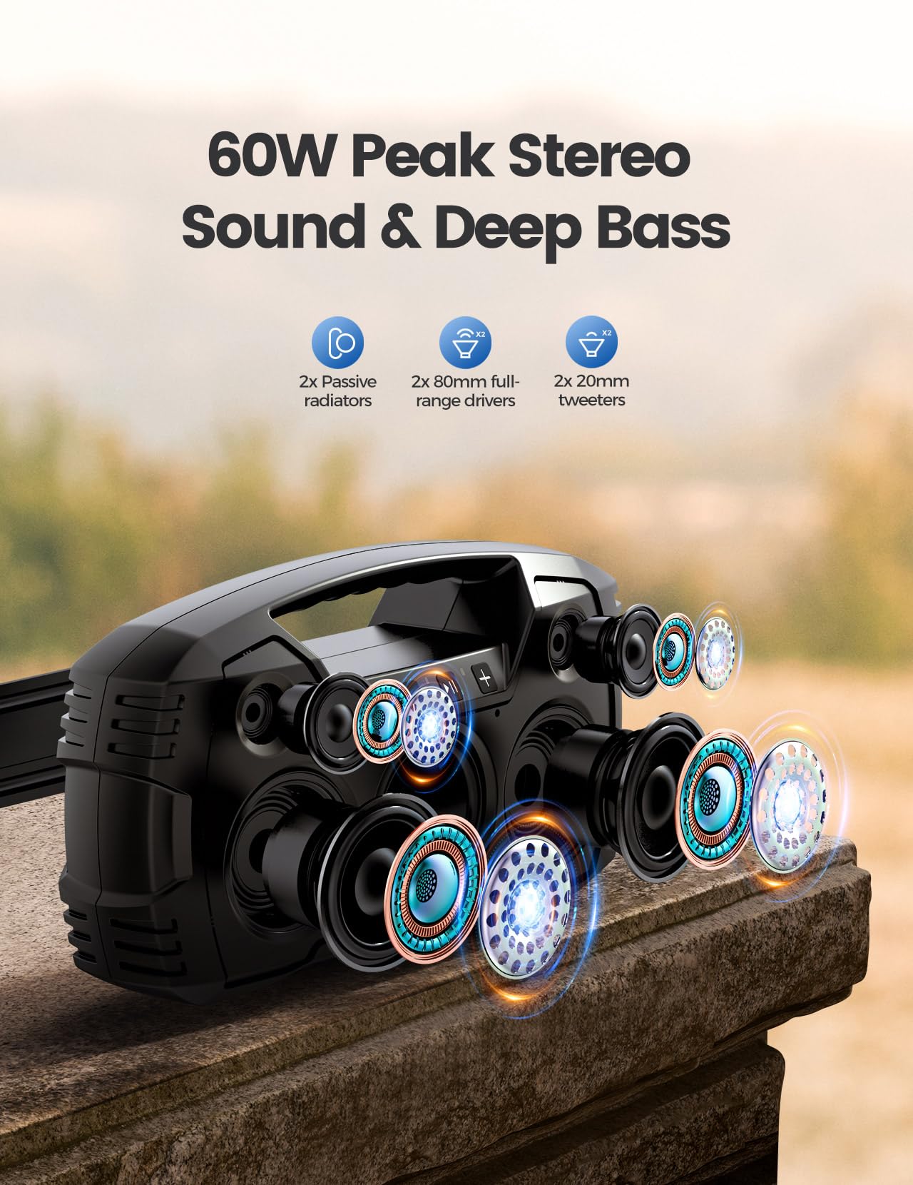 Portable Wireless Bluetooth Speaker, 40W (60W Peak) Loud Sound IPX7 Waterproof Speakers, 32H Playtime, Outdoor Speaker, Rich Bass, BT 5.0, TWS