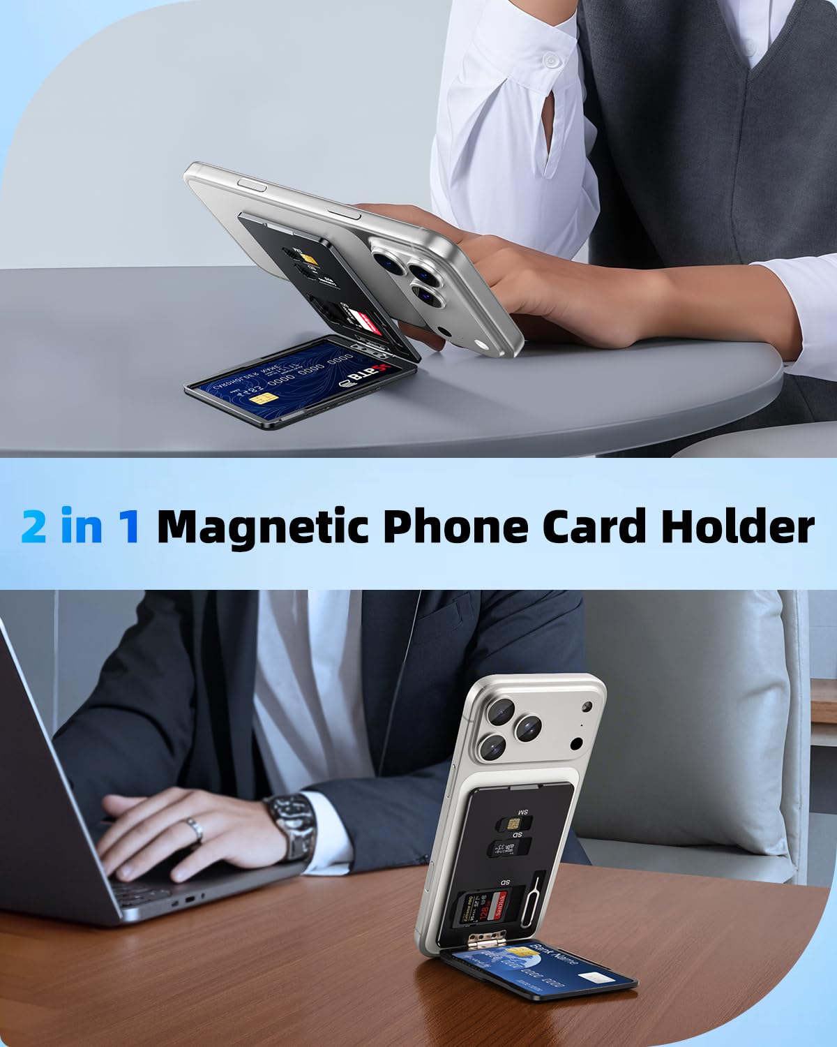 XAOVUIR for MagSafe Wallet Card Holder, Strong Magnetic Wallet Card Holder Stand, [Hold 2 Cards + 2 SD Cards] RFID Blocking Mag Safe Phone Wallet