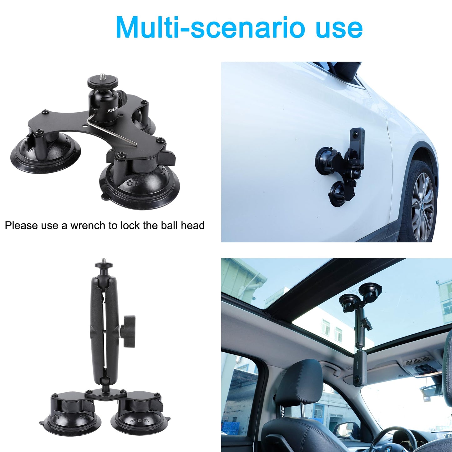 PellKing Suction Car Mount for Insta360 x5,x4, x3, x2, x,One RS,R Compatible with GoPro Max DJI OSMO 360 Camera 5 in 1 Suction Mount Kit for Action