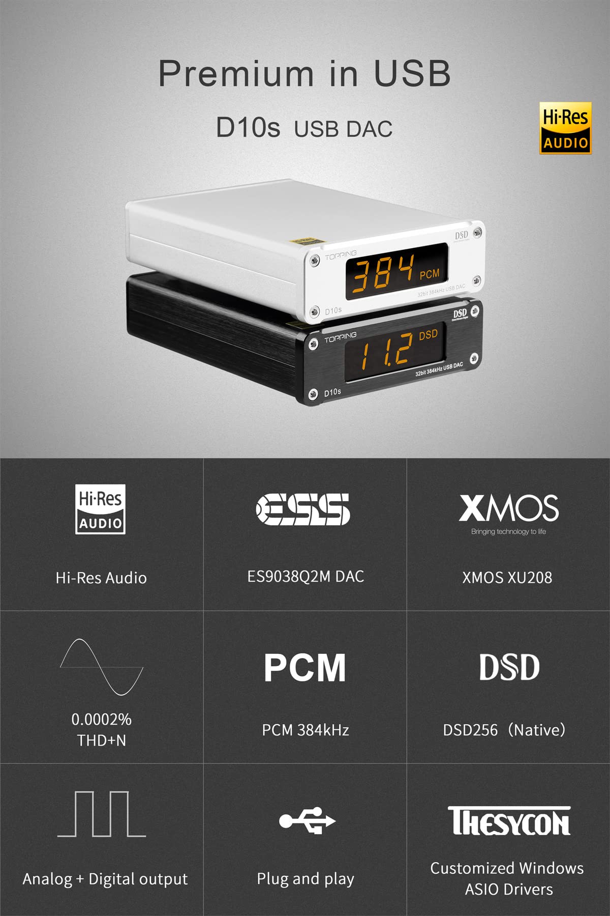 Topping D10s HiFi USB DAC - ES9038Q2M DAC XMOS XU208 PCM384kHz DSD256 Hi-Res Audio Desktop Decoder for PC Silver
