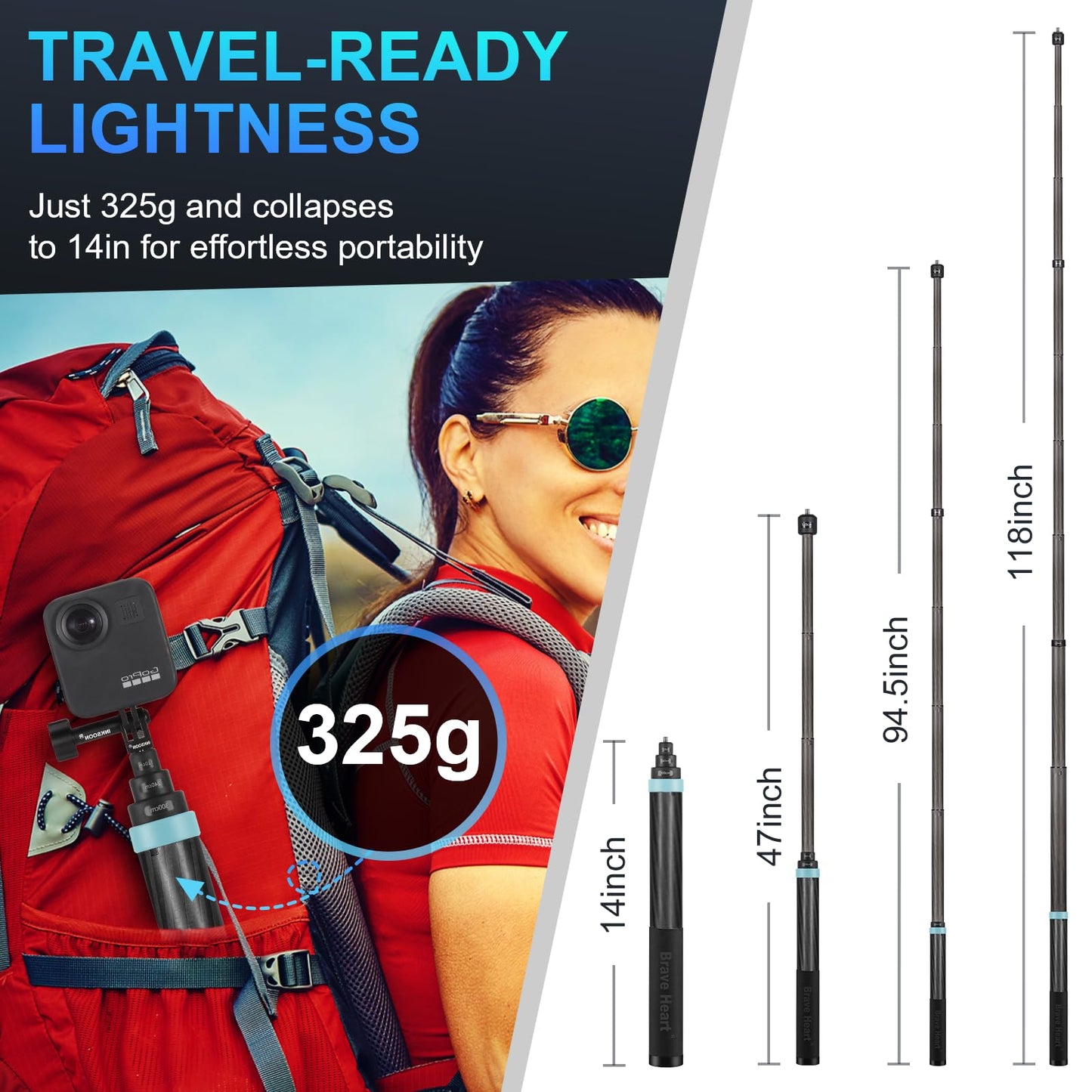 Kezhi 118inch/3.0m 9.8ft Extended Super Long Carbon Fiber Invisible Selfie Stick for Insta360 X5 Insta 360 X4 X3 ONE X2 R X GO 3S 3 2 Action for DJI