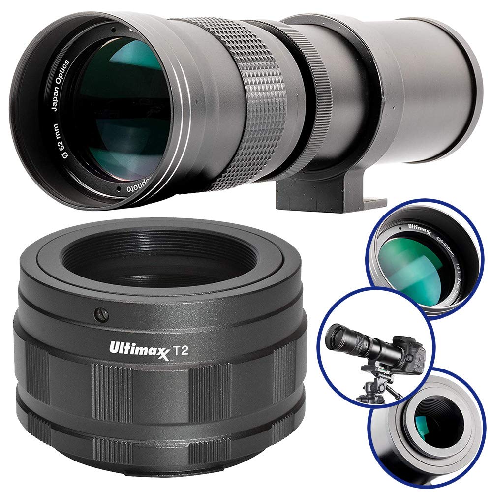 Ultimaxx 420-800mm f/8.3-16 Super HD Manual Telephoto Zoom T-Mount Lens Kit for Canon EOS R & RP Mirrorless Cameras - Includes: T-Mount to Canon