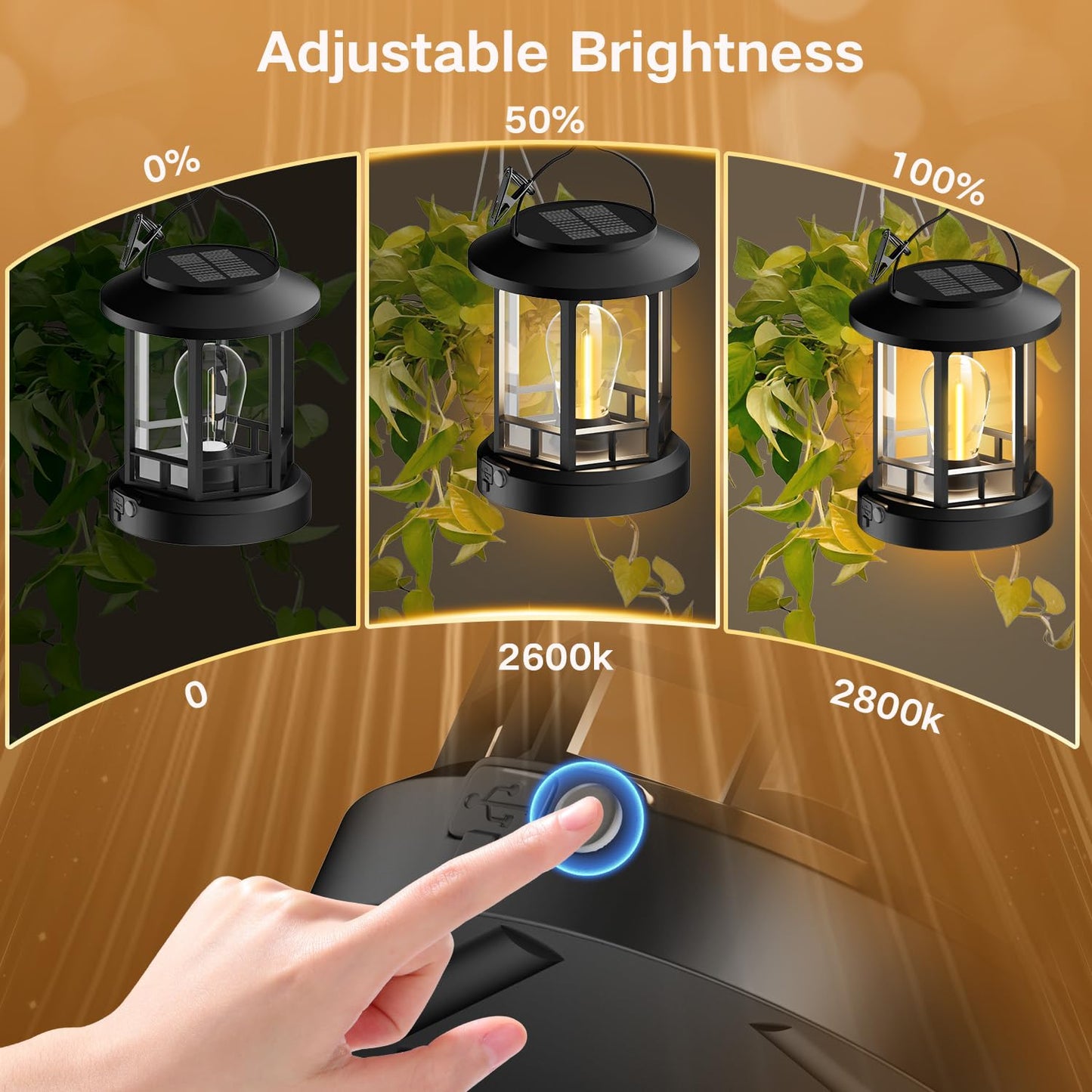 2 Pack Sloar Lanterns Outdoor Waterproof, Hanging Solar Lights with Clip Adjustable Brightness, Retro Solar Powered Lantern for Yard Garden Path