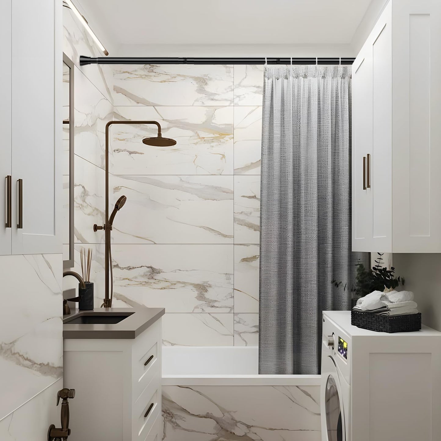 Black Spring Tension Curtain Rod, 28-52 in Adjustable No-Drill Rod, 7/8" Diameter, Heavy Duty Anti-Slip for Shower, Windows, Kitchen & Closet