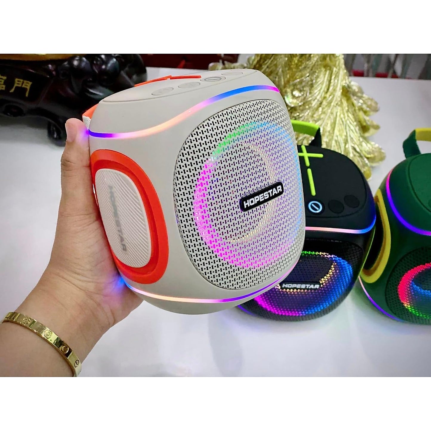WorryFree Gadgets 10W Portable Speaker with RGB Lights, Big Bass LED Lights, Supports TF Card/USB, AUX in, TWS for Party (Off White)