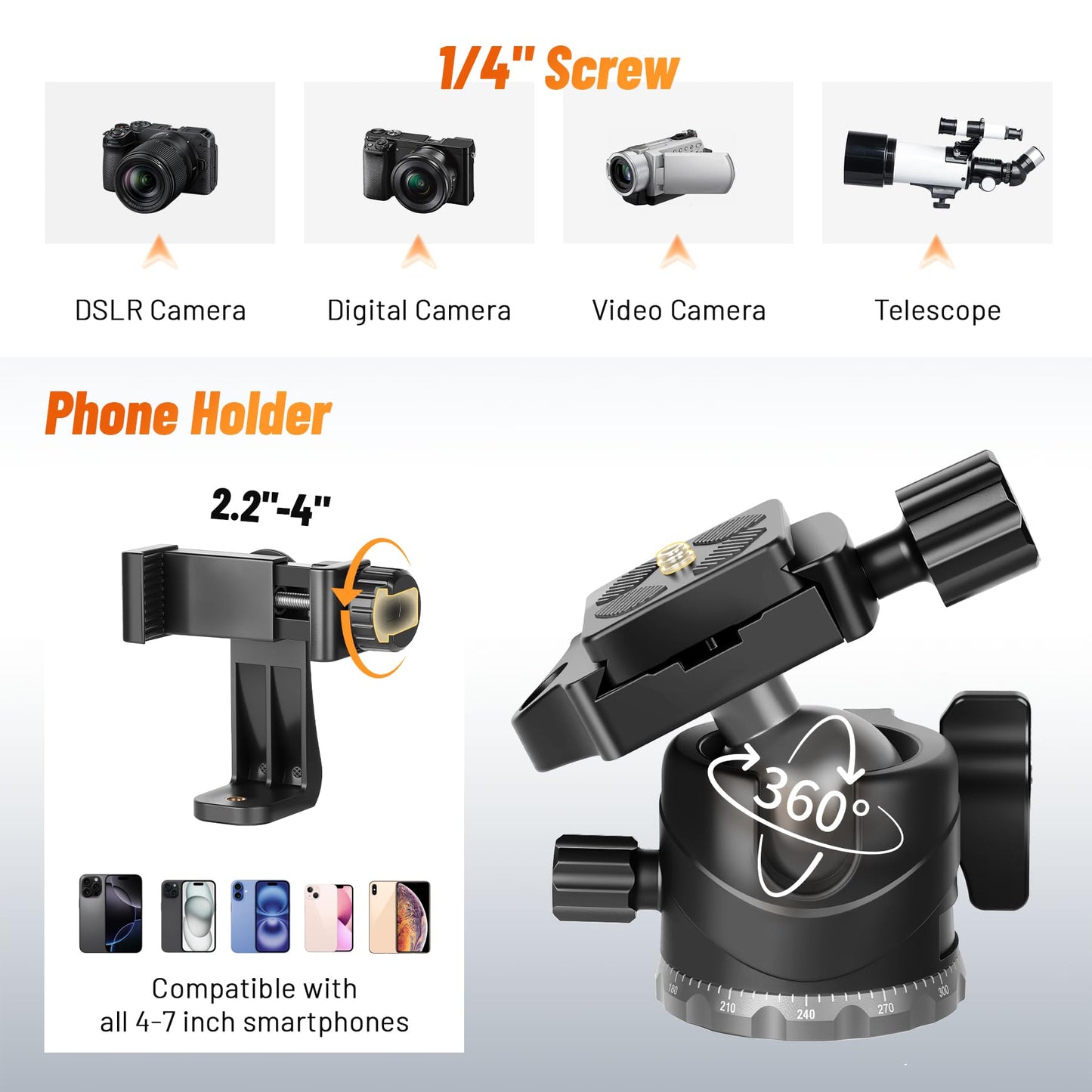 JOILCAN 66" Camera Tripod, Lightweight Travel Tripod with 360° Ball Head & Phone Holder, 22lbs Max Load for DSLR, Camera, Phone, Video & Photography
