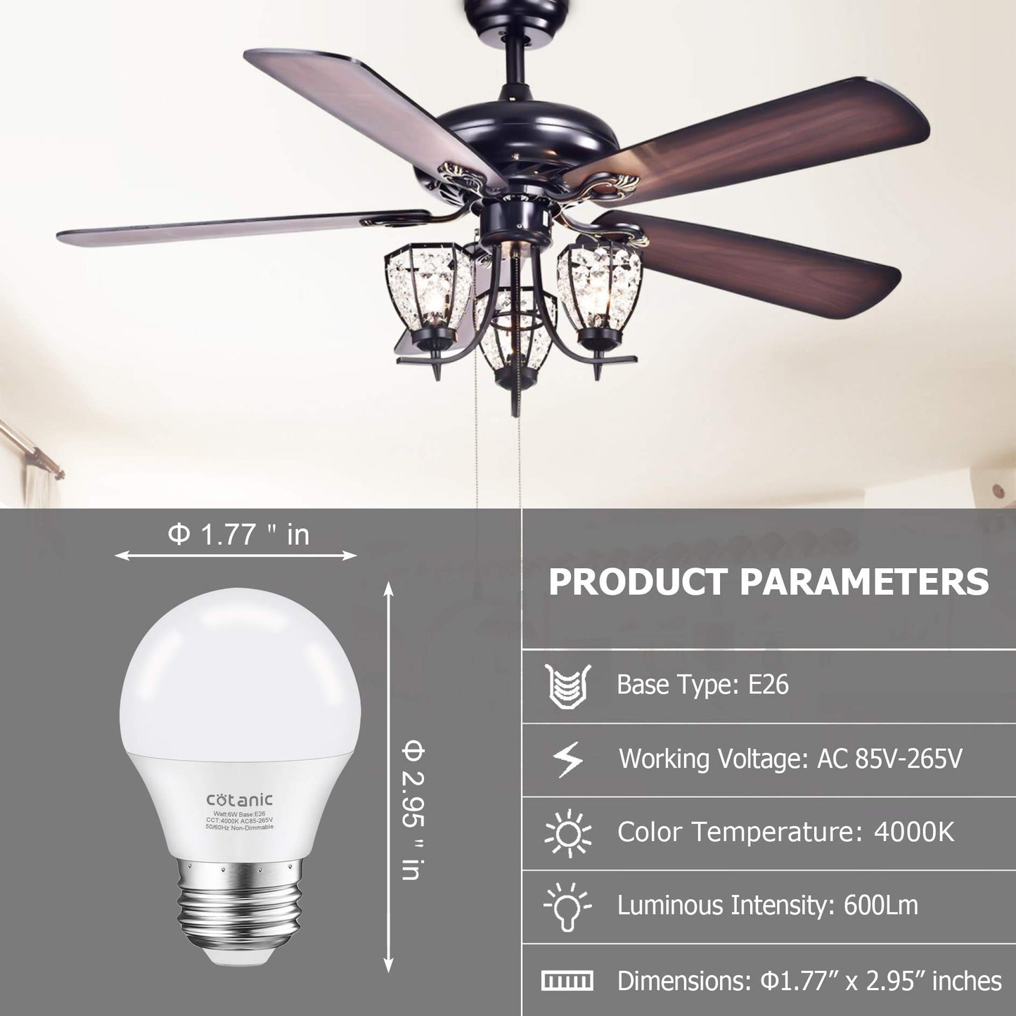 Cotanic E26 Base LED Ceiling Fan Light Bulbs 4000K Natural Daylight 60W