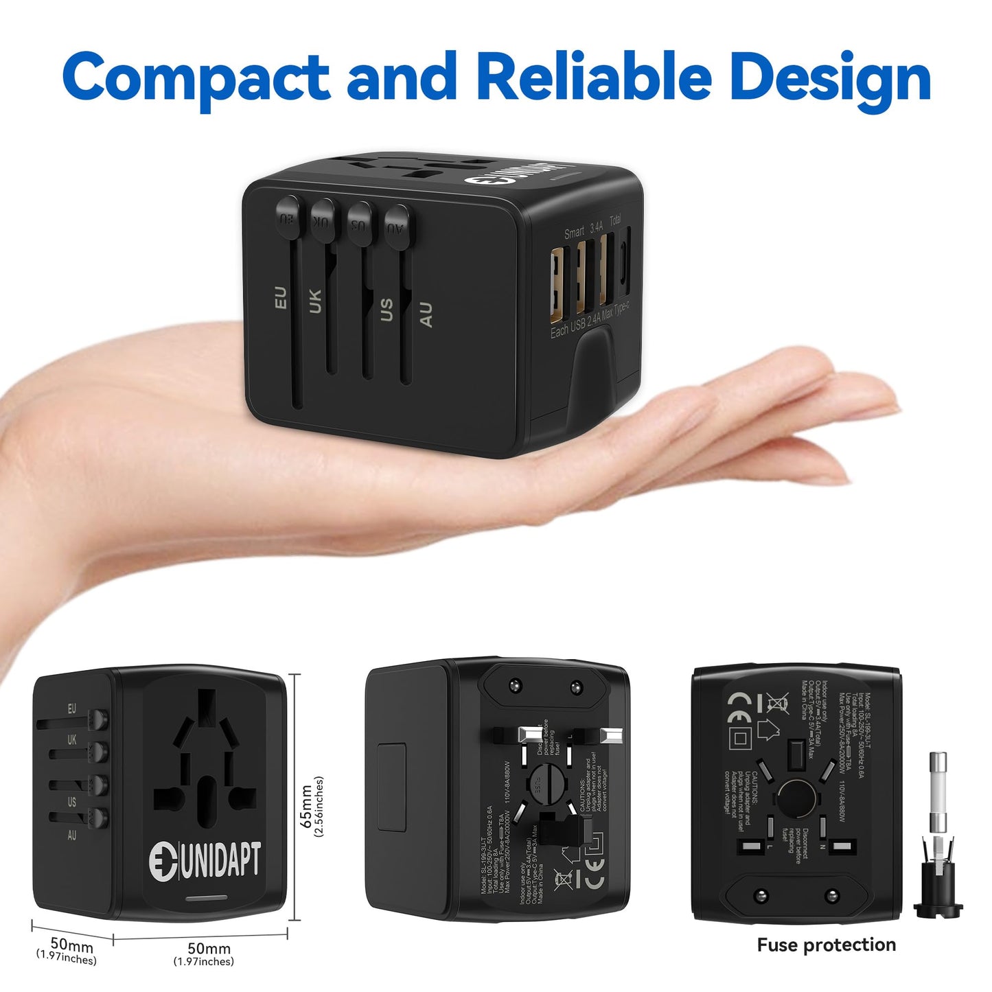 Unidapt International Travel Adapter, Universal Power Adapter Worldwide with 3 USB-A, 1 Type-C - Perfect for Travel to Europe US, EU, UK, AU Over 160