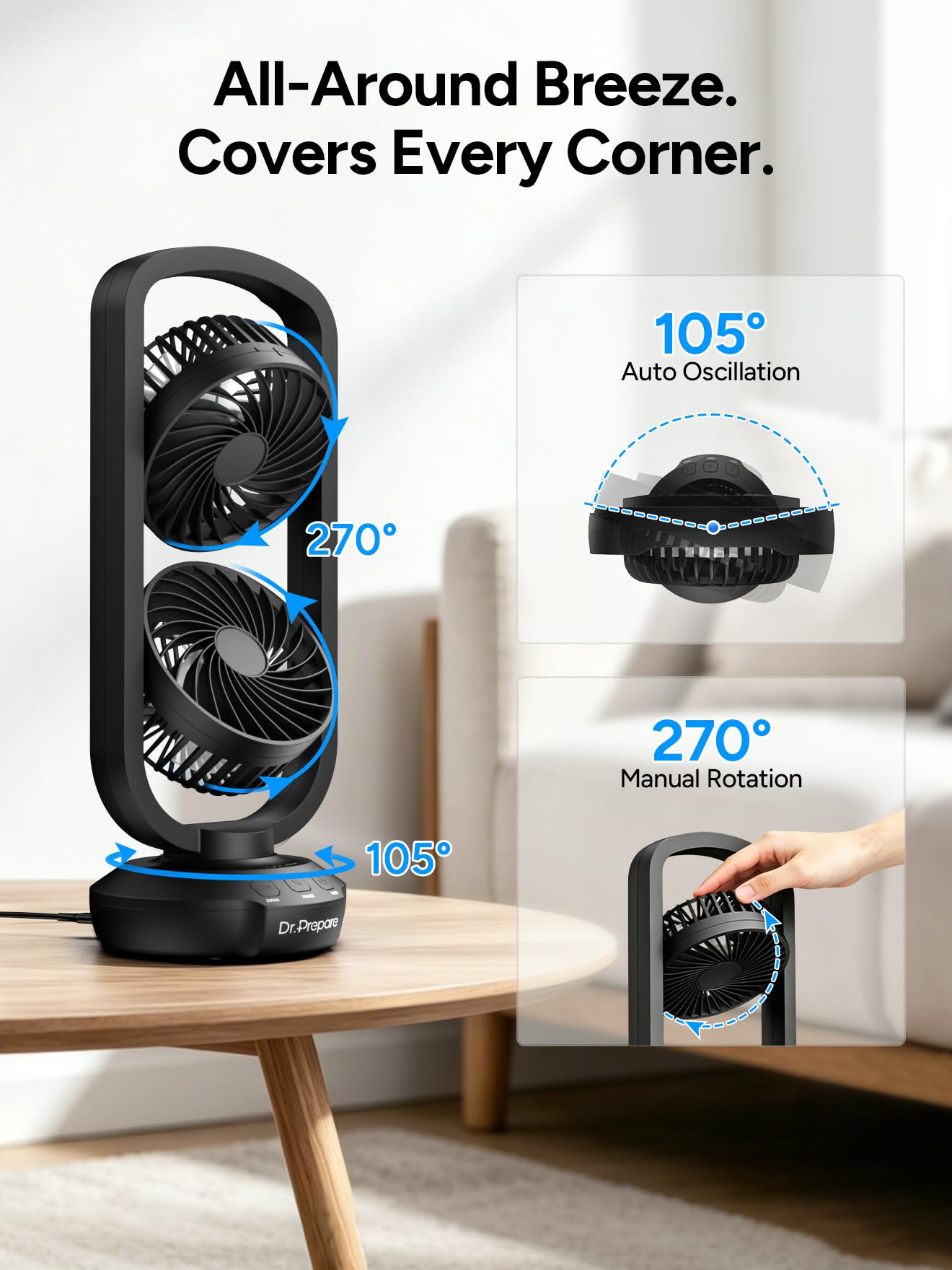 DR.PREPARE Dual Oscillating Tower Fan with 270° Tilt, 105° Oscillating, 3 Speeds and 3 Auto-Off Timer, Portable USB Powered Desk Fan for Bedroom