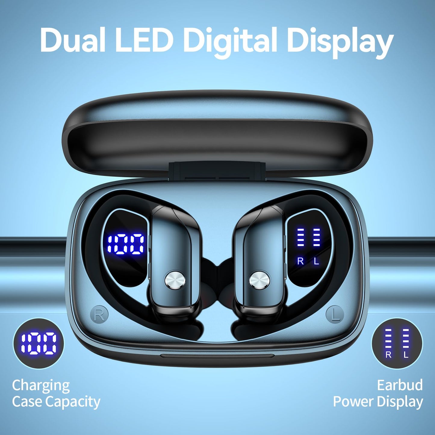 bmani Ear Buds Wireless Earbuds Bluetooth Headphones with 80H Playtime LED Display Case, Over-Ear Hook with Mic, Stereo Sound, Easy Button Controls