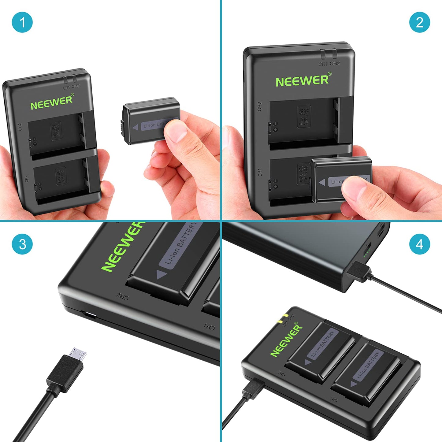 Neewer 2-Pack NP-FW50 Replacement Battery and Dual USB Charger Compatible with Sony ZV-E10, A7, A7R, A7RII, A7II, A7SII, A7S, a3000, a5000, a6000