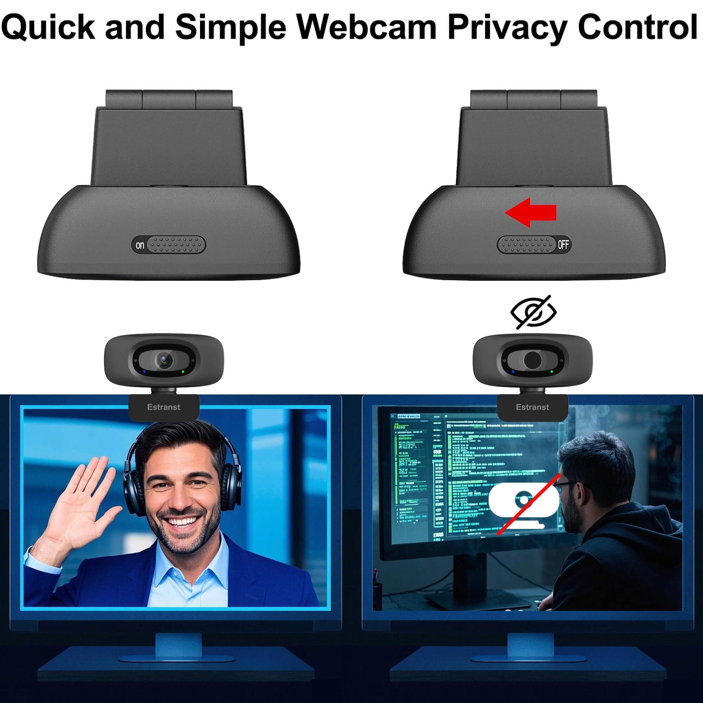 Estranst 2K Quad HD Webcam with Privacy Cover & Noise-Canceling Microphone & USB C Adapter, Video Web Streaming Camera for PC Computer Desktop Laptop