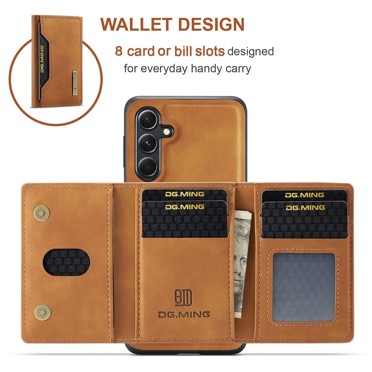Oidealo Trifold Wallet Phone Case for Samsung Galaxy A55, 2 in 1 Magnetic Detachable, Retro PU Leather Shockproof 8-Slot Card Holder Kickstand (Brown)
