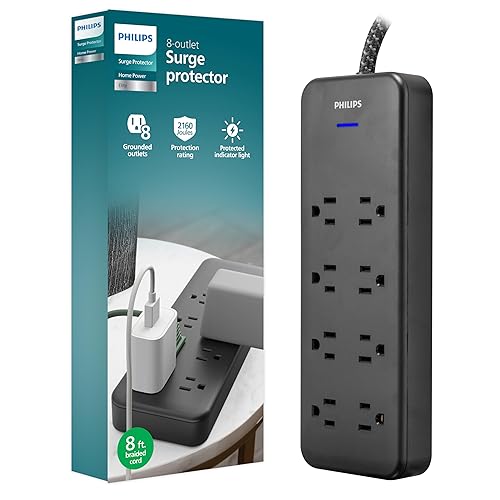 Philips EZFit 8-Outlet Surge Protector Power Strip, 8 Ft Braided Extension Cord, Widely Spaced Outlets, Flat Plug, for Home Office Dorm Essentials