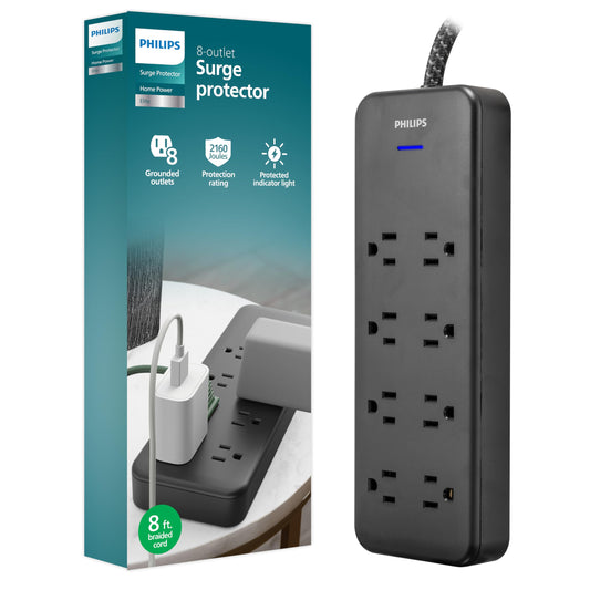 Philips EZFit 8-Outlet Surge Protector Power Strip, 8 Ft Braided Extension Cord, Widely Spaced Outlets, Flat Plug, for Home Office Dorm Essentials